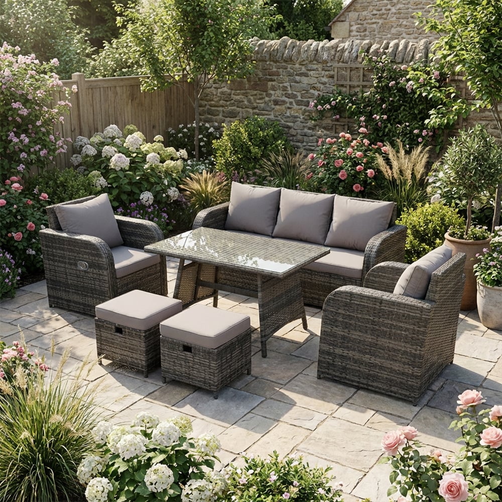 Fimous Dark/Grey 7 Seater Rattan Garden Furniture Set With Dining Table, Sofa, 2 Reclining Chairs, 2 Footstools