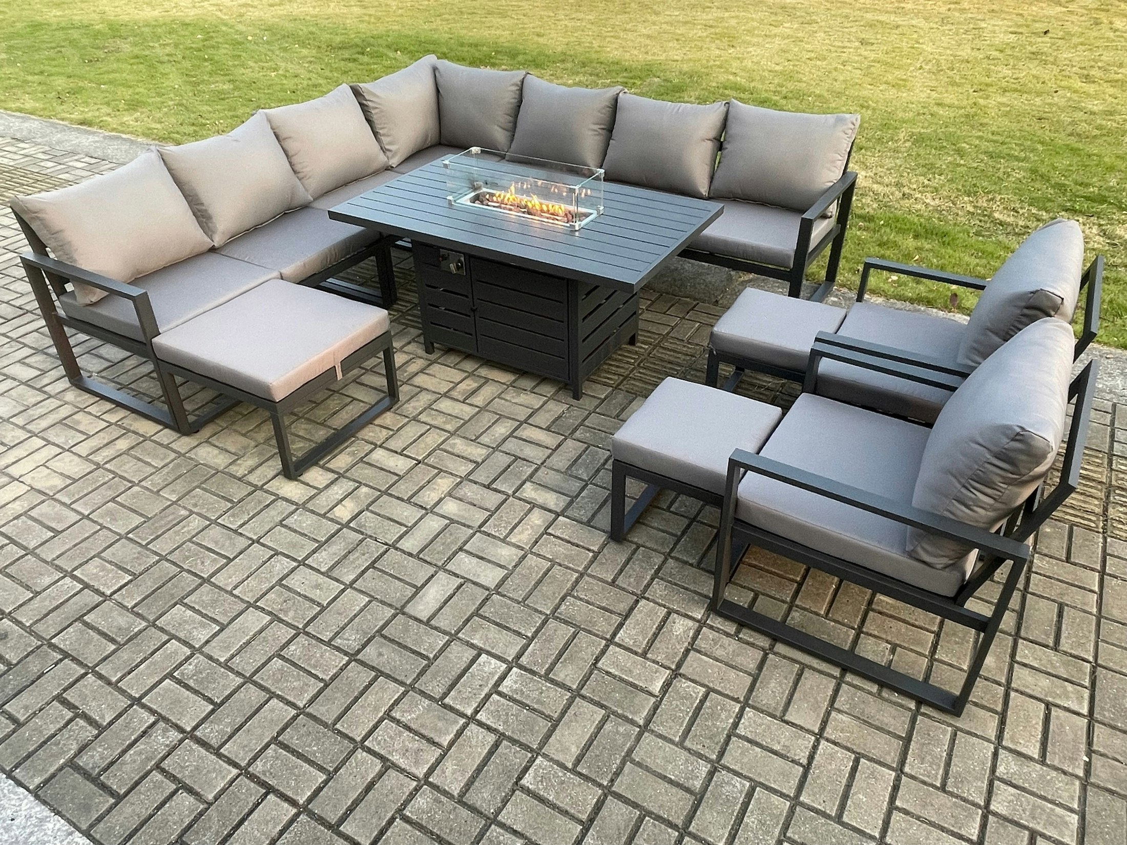 Rackhams Dark/Grey Aluminium Lounge Corner Sofa Outdoor Garden Furniture Sets Gas Fire Pit Dining Table Set With 2 Chairs 3 Footstools
