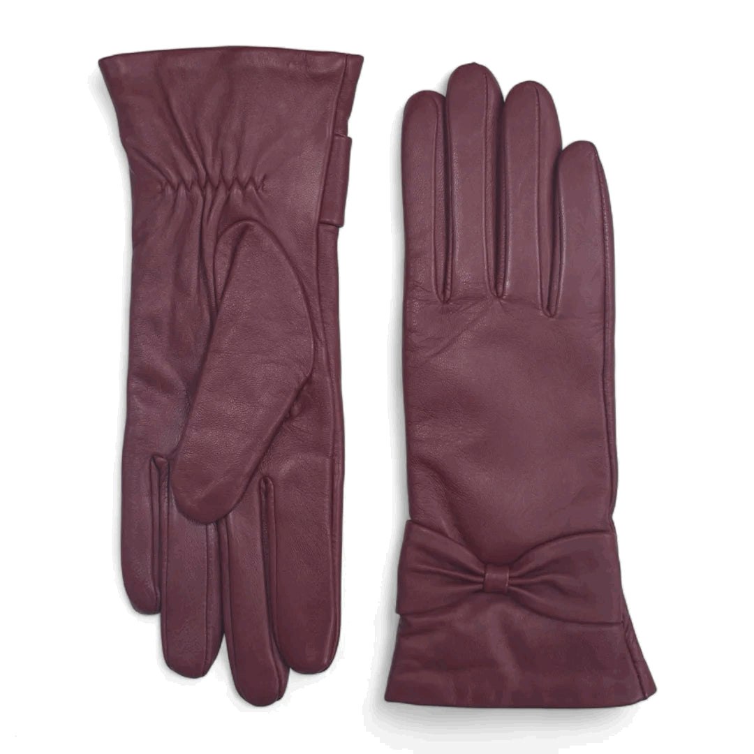 Infinity Leather Women's Burgundy Leather Wool Lined Bow Knot Accent Gloves - 2XL