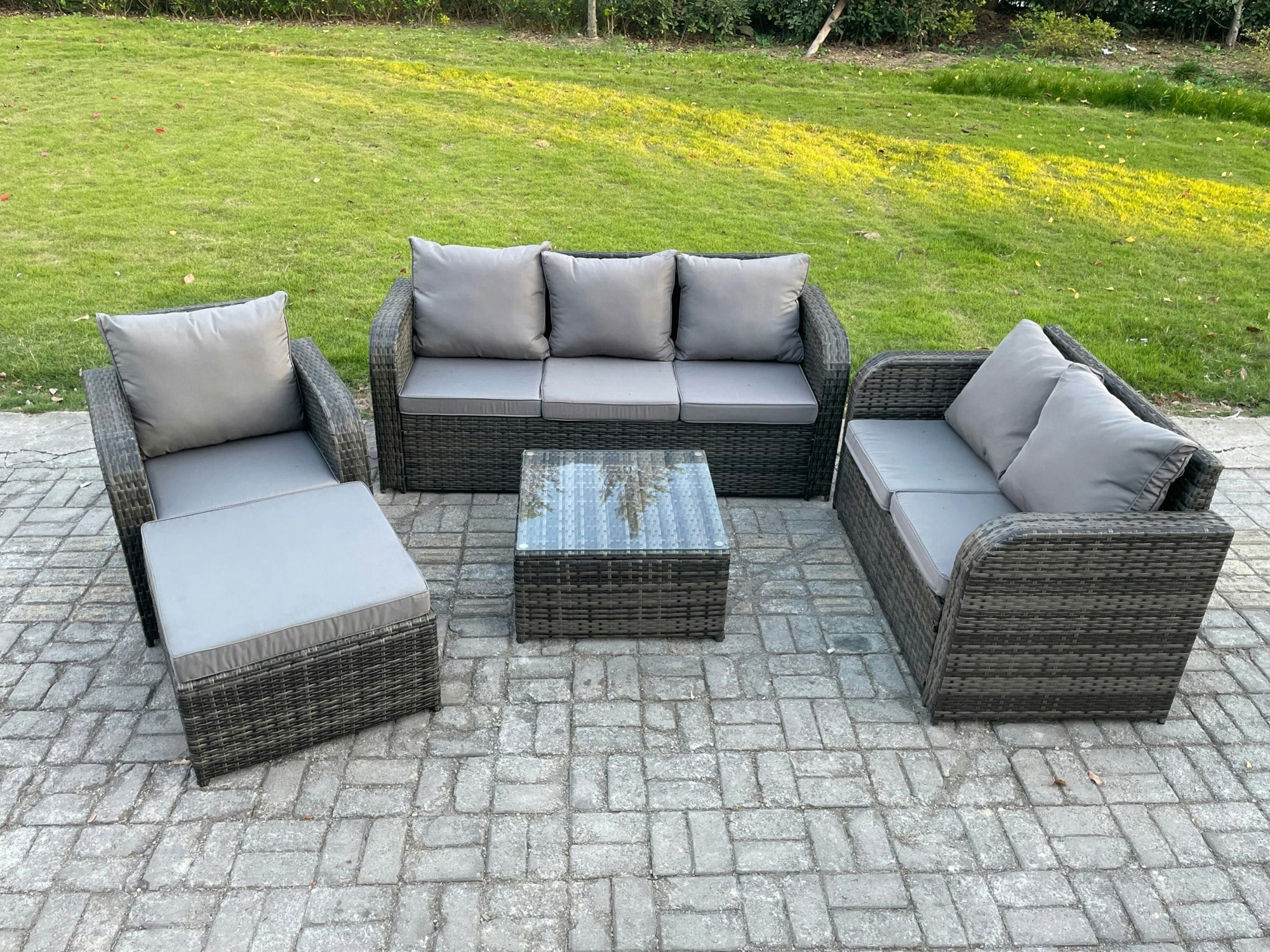 Fimous Dark/Grey Rattan Garden Furniture 5 Piece Patio Set With Table Sofa Square Coffee Table Reclining Chair Loveseat Sofa Big Footstool