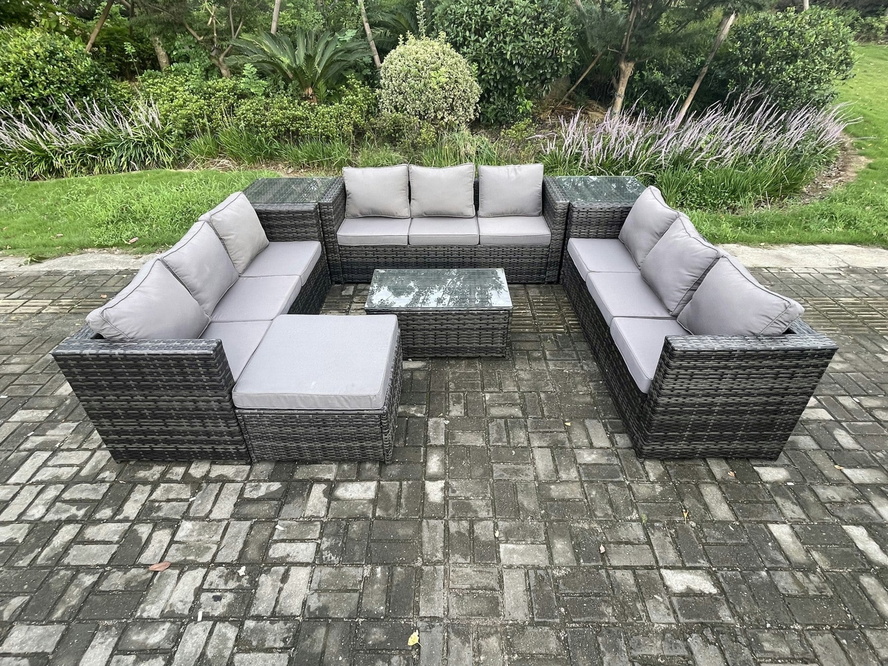 Rackhams Dark/Grey 10 Seater Outdoor Lounge Sofa Set Wicker Pe Rattan Garden Furniture Set With Oblong Coffee Table 2 Side Tables Big Footstool Mixed