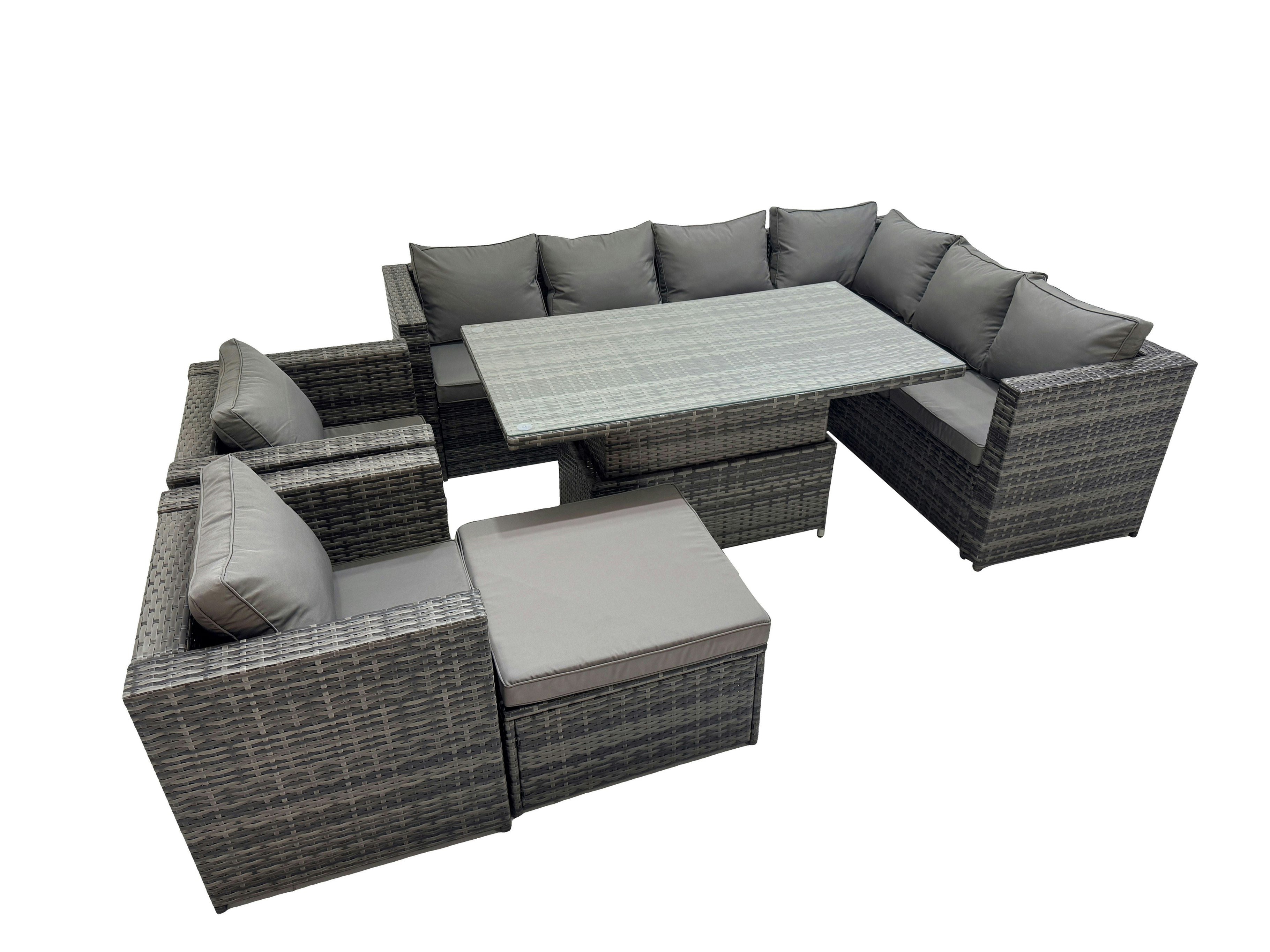 Fimous Dark/Grey 9 Seater Rattan Height Adjustable Rising Lifting Table Corner Sofa Sets With 2 Chairs Big Stool Mixed
