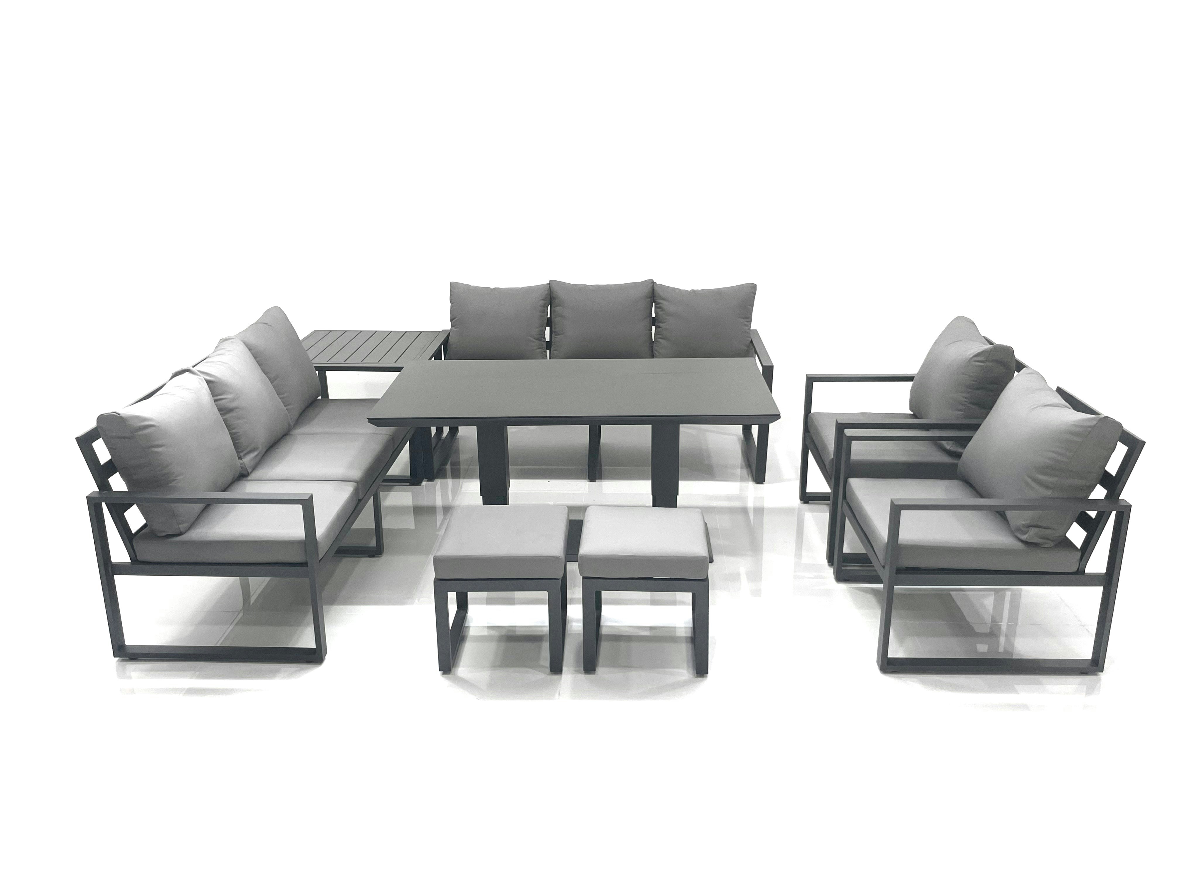 Rackhams Dark/Grey Garden Sofa Set Aluminium Furniture Rising Dining Tabe Set With 2 Chair 2 Small Footstools Side Table