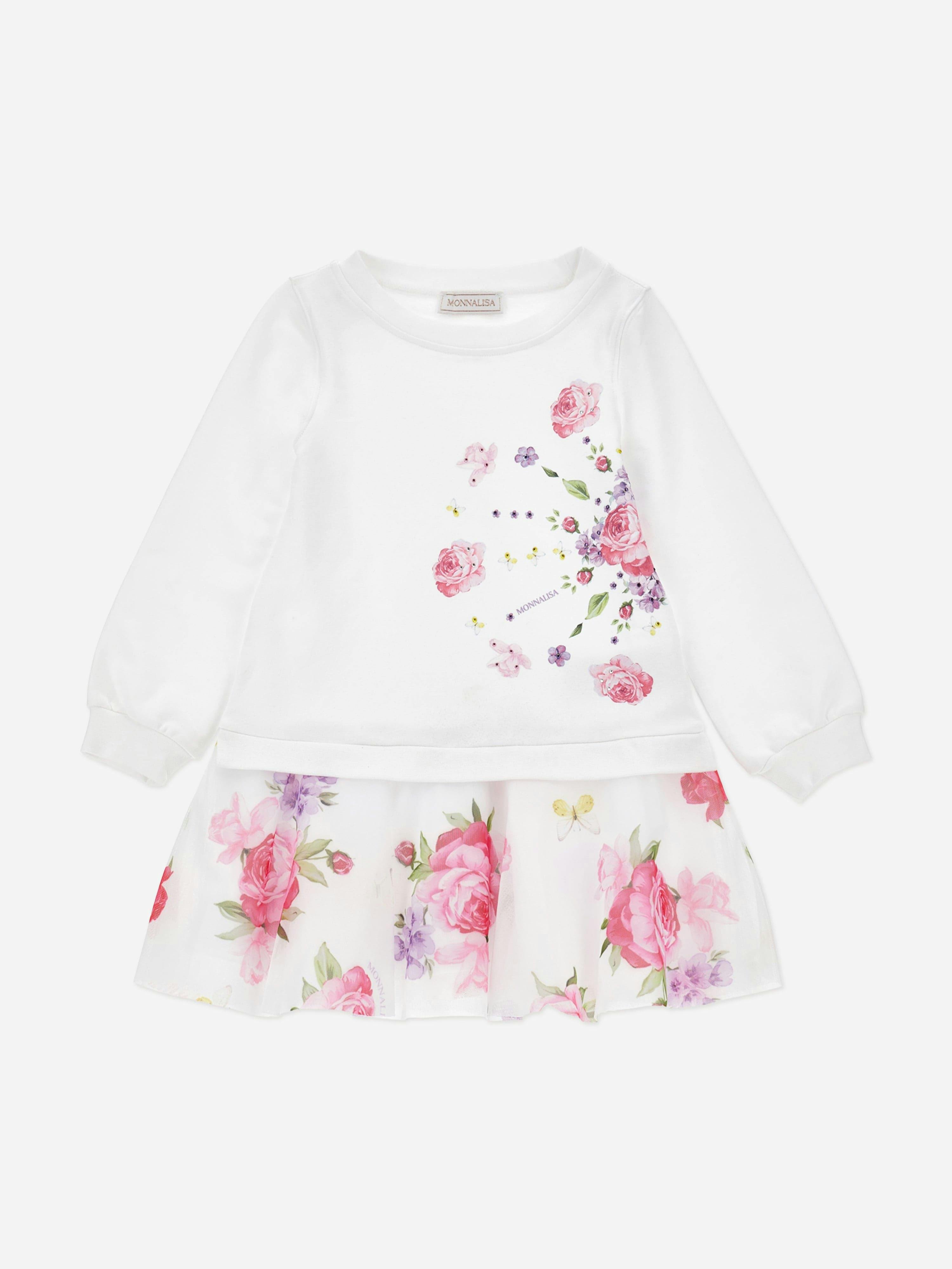 Monnalisa Girls White Floral Sweater Dress In - 3 Yrs