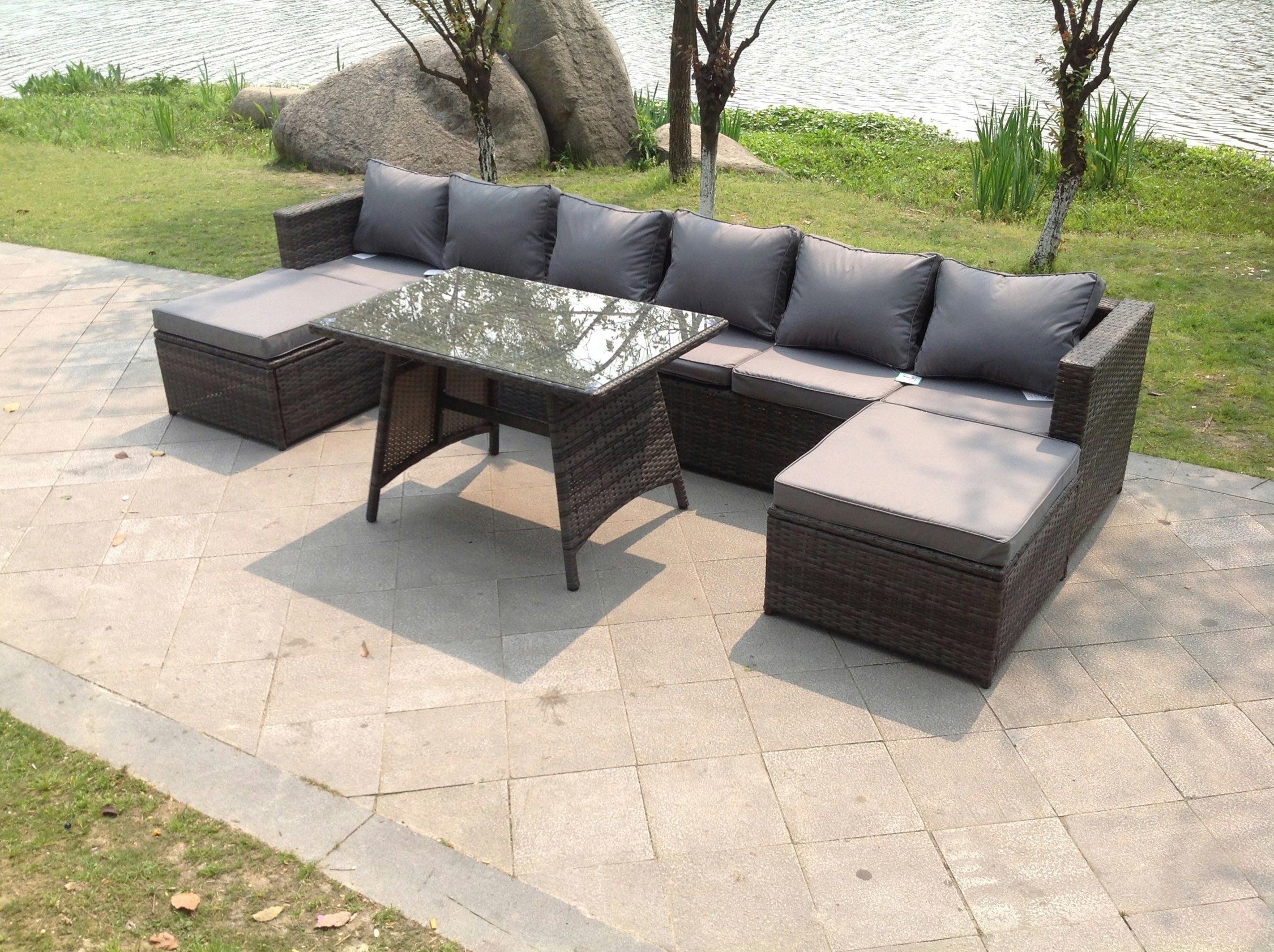 Fimous Lounge Rattan Garden Furniture Sets Dining Table And 2 Pc Big Footstools