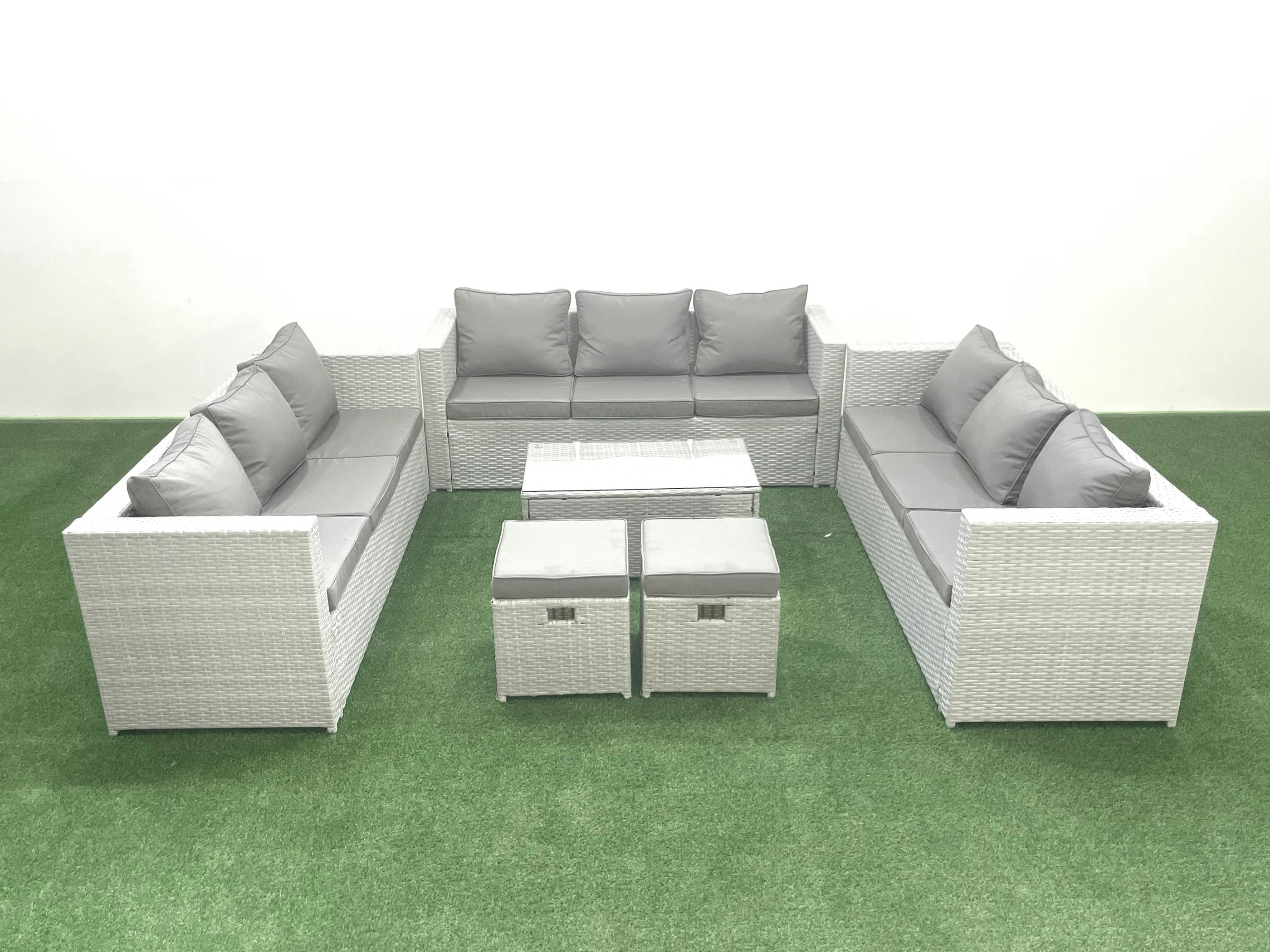 Rackhams Light/Grey Rattan Garden Outdoor Furniture Set 11 Seater Garden Sofa Coffee Table Set With 2 Small Footstool Mixed