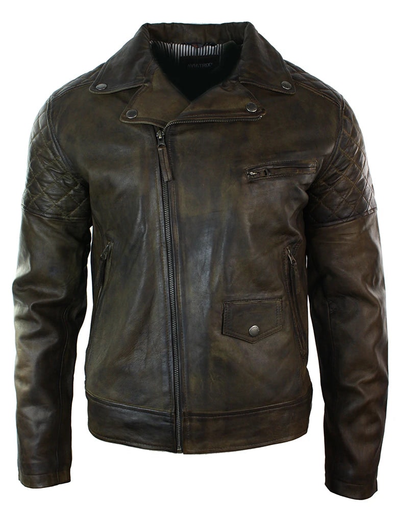 Aviatrix Men's Brown/Black Washed Leather Biker Jacket Cross Zip - Small