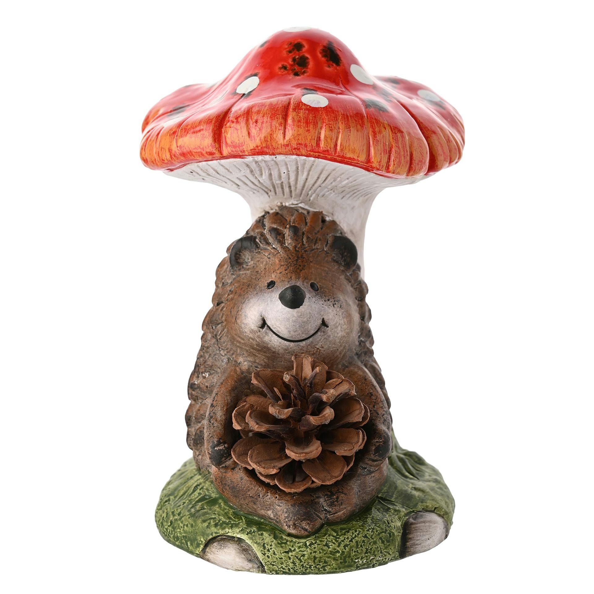 Rackhams Red/Cream Hedgehog Holding A Pinecone On A Toadstool