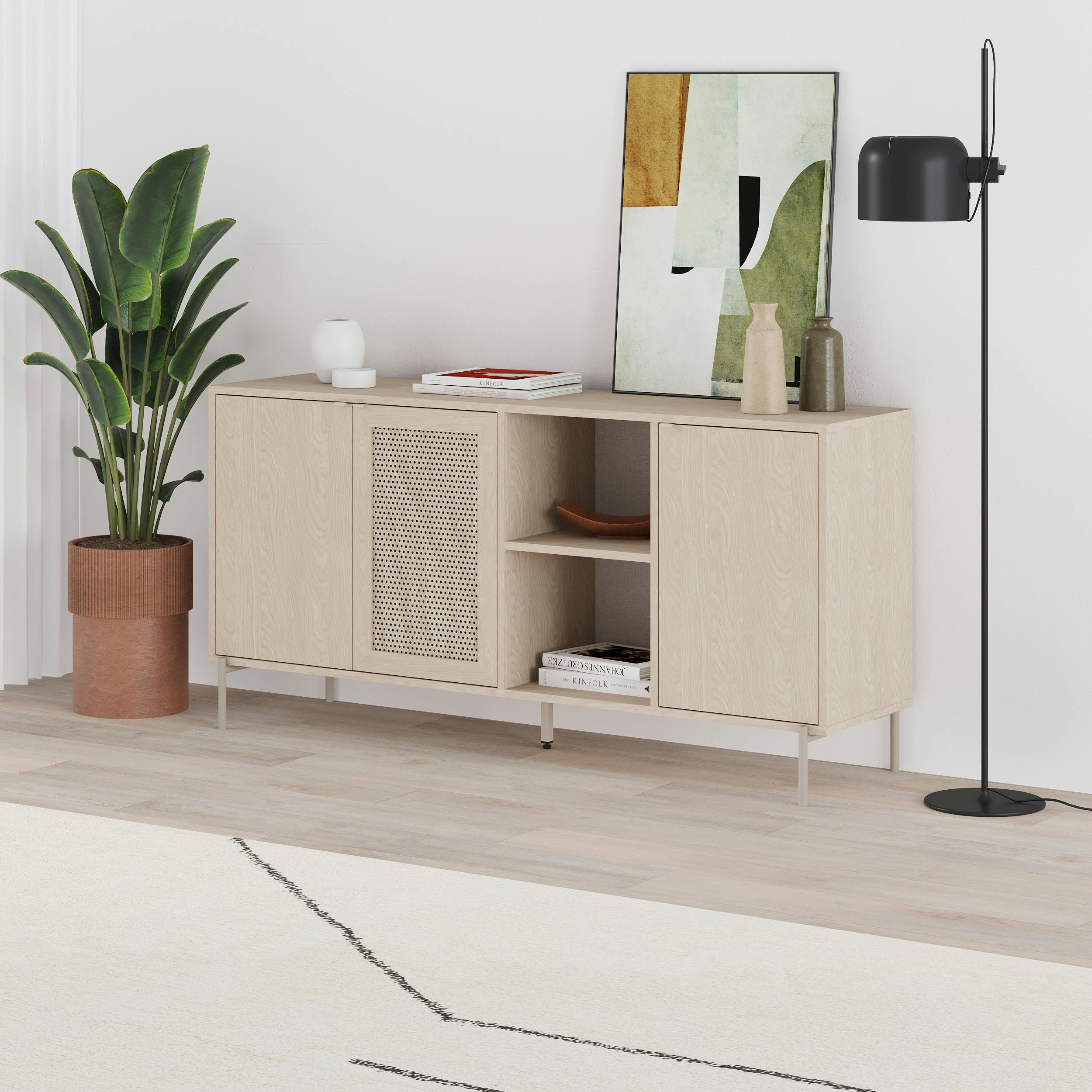 Decortie Elegant 164Cm Sideboard Cabinet With 3 Soft-Close Doors, 2 Open Shelves, Laser-Cut Pattern Door, Metal Legs, Sonoma Oak - Sonoma Oak