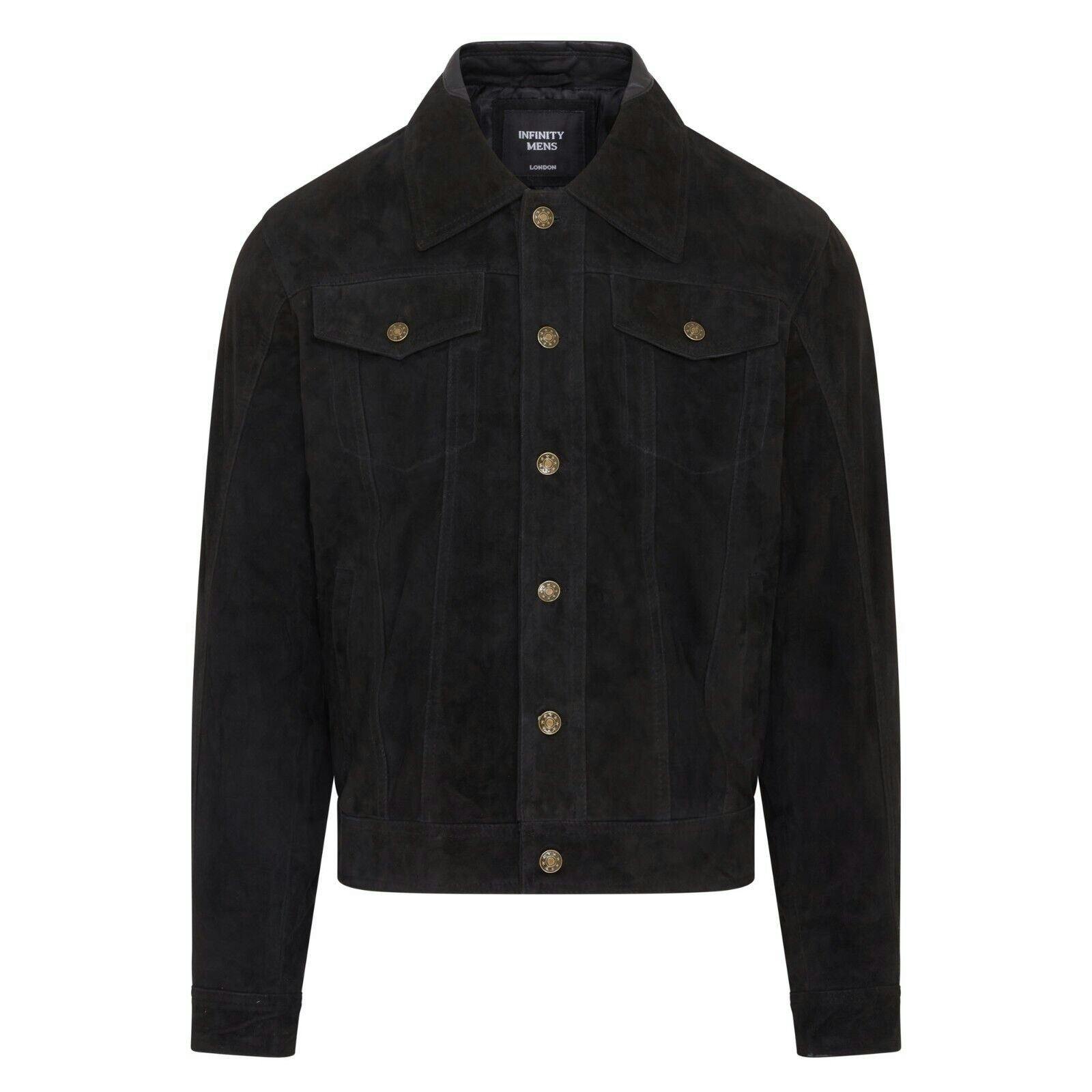 Infinity Leather Men's Black Trucker Goat Suede Western Leather Jeans Jacket - Yangon - Uk 3XL | Eu 56 | Us 46