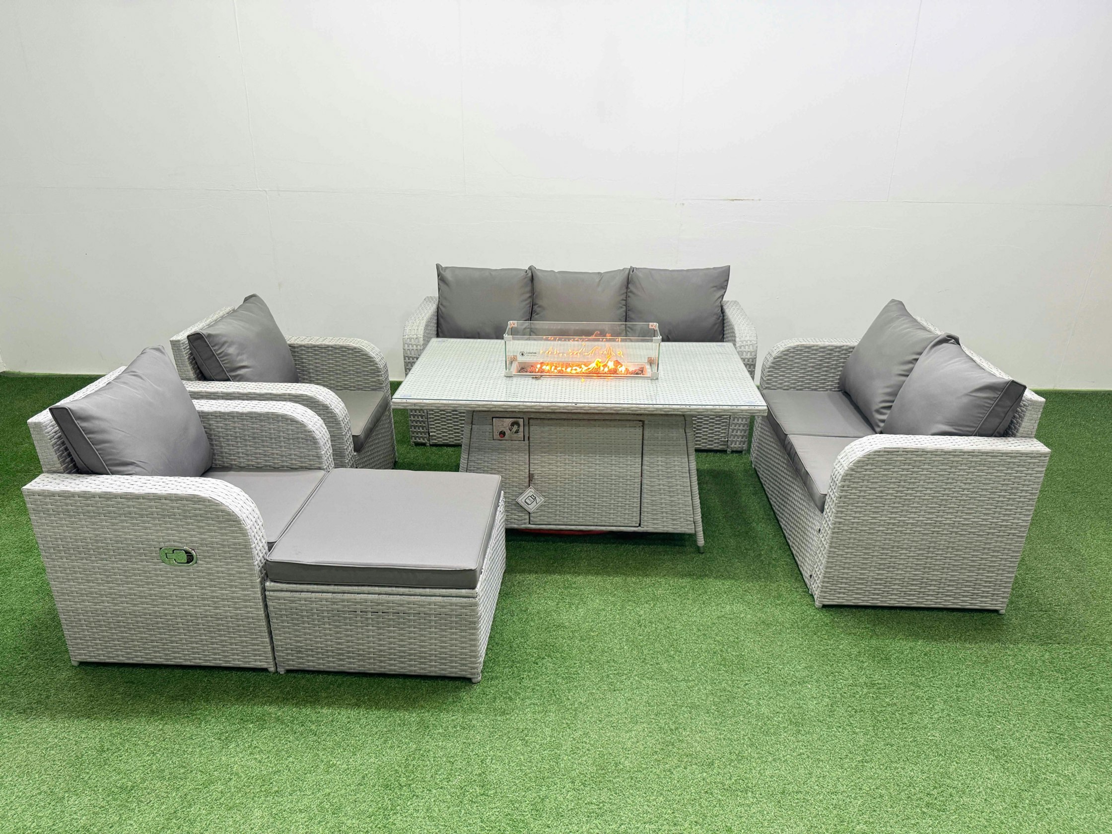 Fimous Light/Grey Pe Rattan Garden Furniture Set Reclining Chair Sofa Double Love Seat 2 Seater Sofa Lounge Set Fire Pit Dining Table Big Footstool