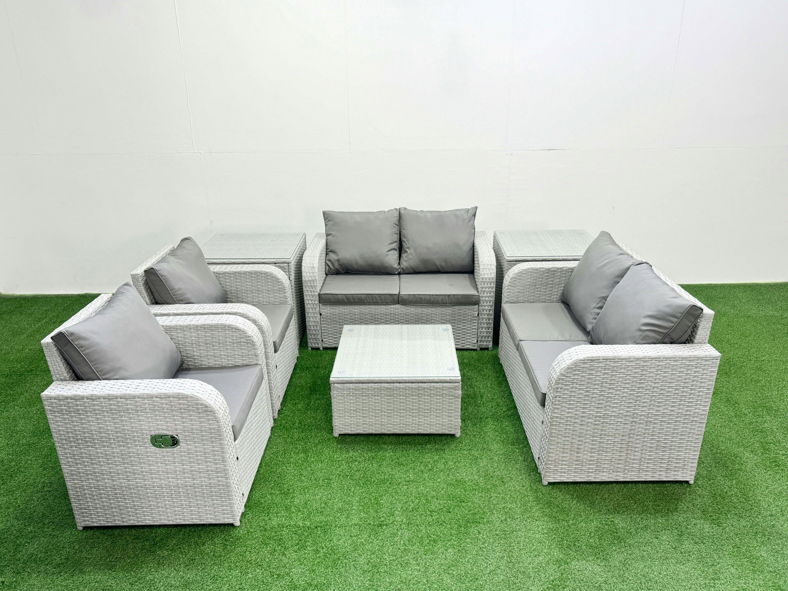 Fimous Light/Grey 6 Seater Outdoor Reclining Chair Love Sofa Set Rattan Garden Furniture Set With Square Coffee Table 2 Side Tables