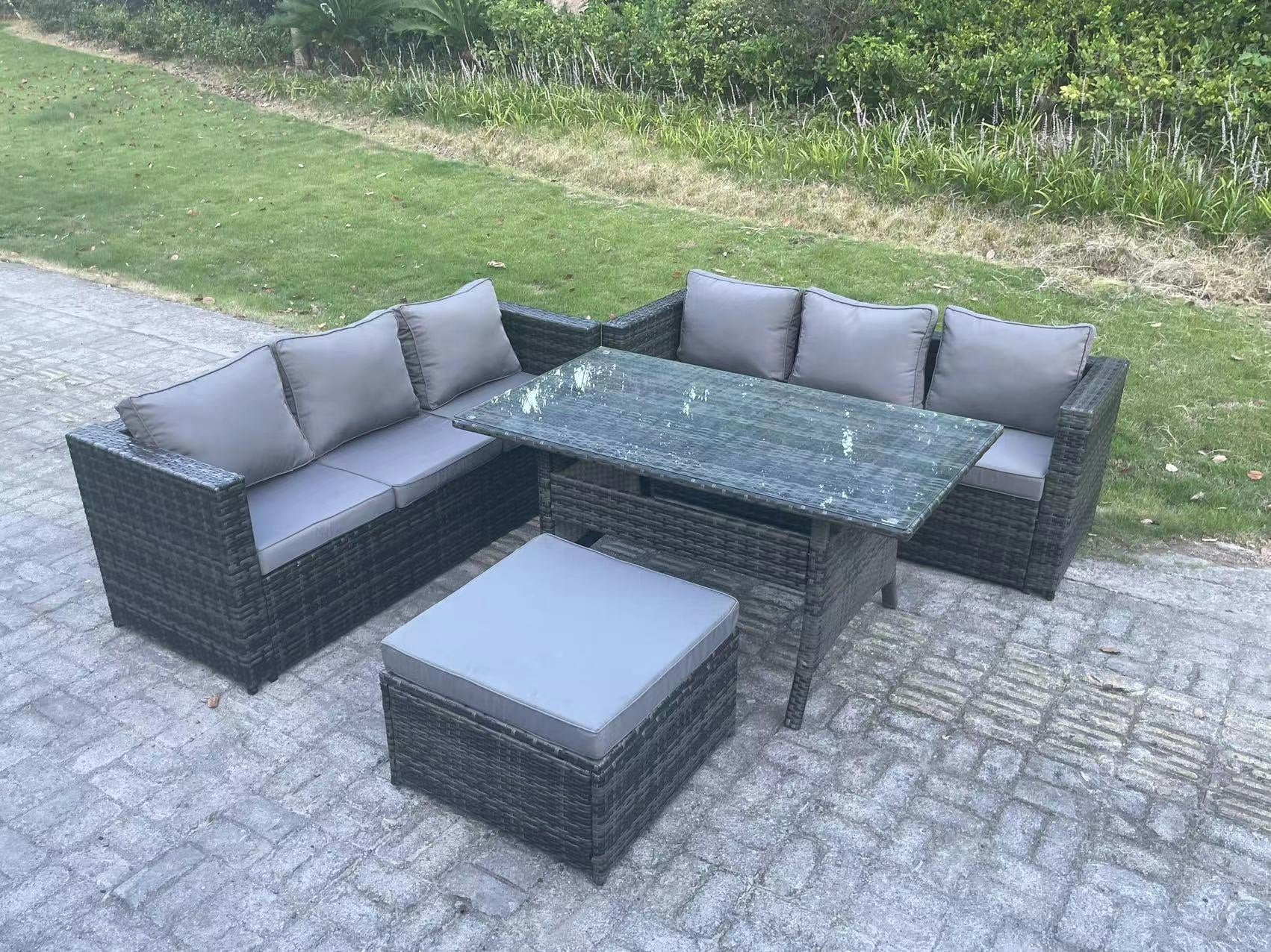 Fimous Dark/Grey Pe Wicker Outdoor Garden Furniture Set Patio Rattan Rectangular Dining Table Lounge Sofa With Big Footstool 7 Seater Mixed