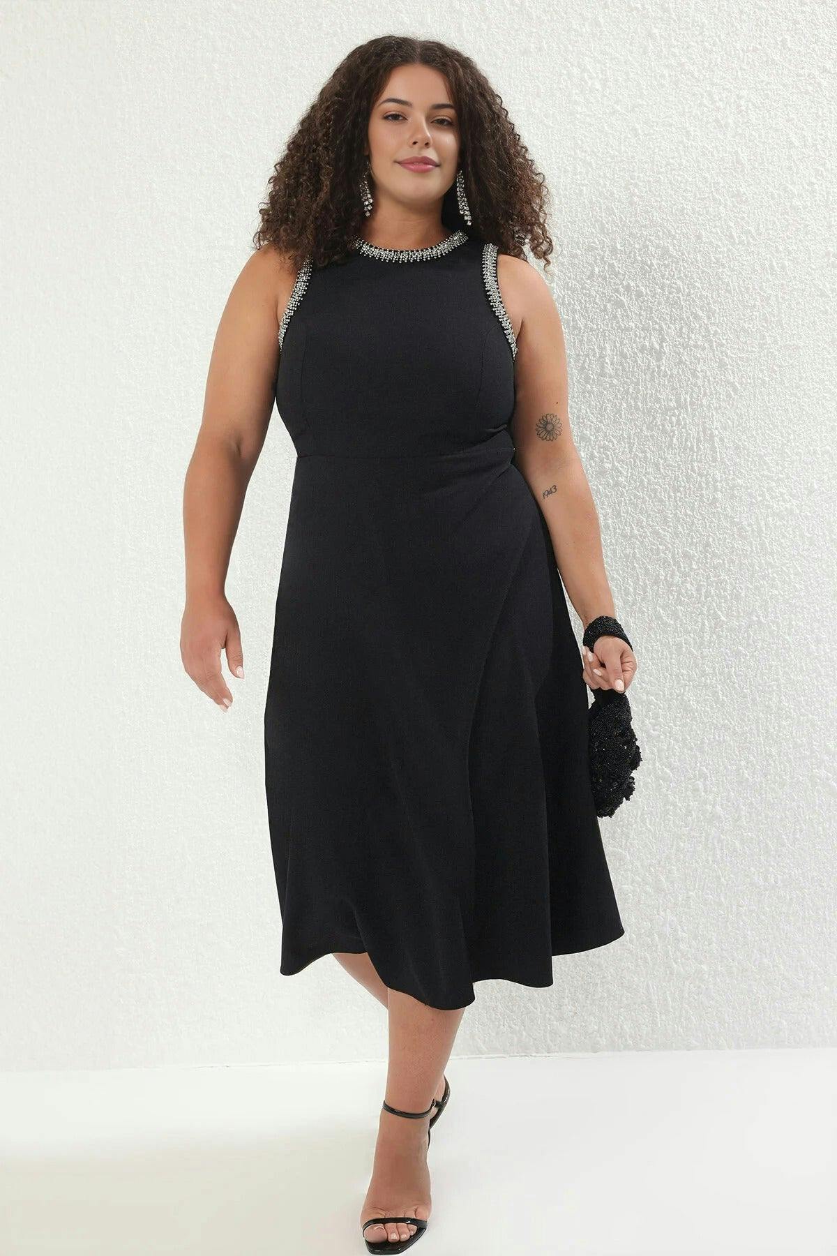 Wovcor Black Embellished Sleeveless Midi A-Line Woven Evening Dress - 18