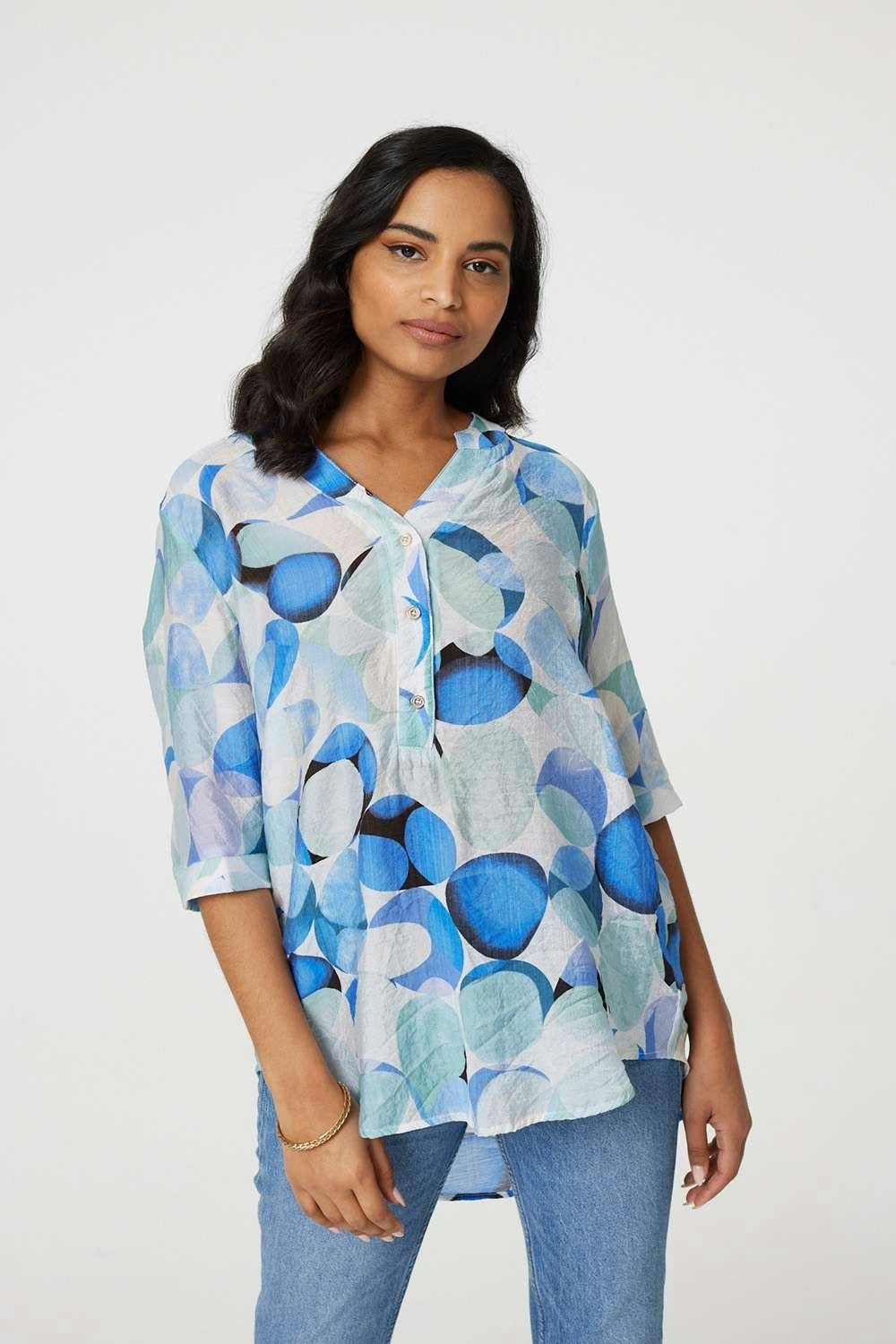 Izabel London Women's Blue Printed 1/2 Sleeve Curve Hem Blouse - 12