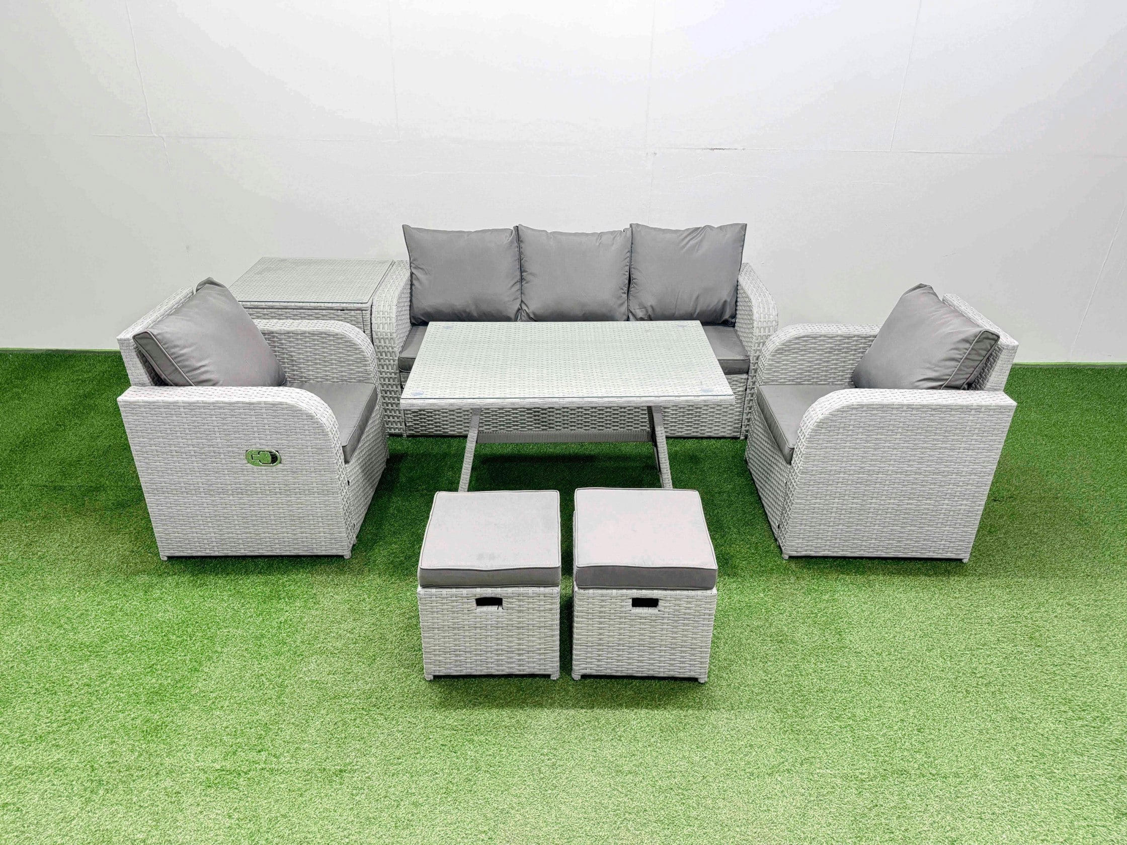 Fimous Light/Grey Reclining Chair 3 Seat Sofa Set Garden Furniture Set With Rectangular Dining Table Side Table 2 Small Footstools