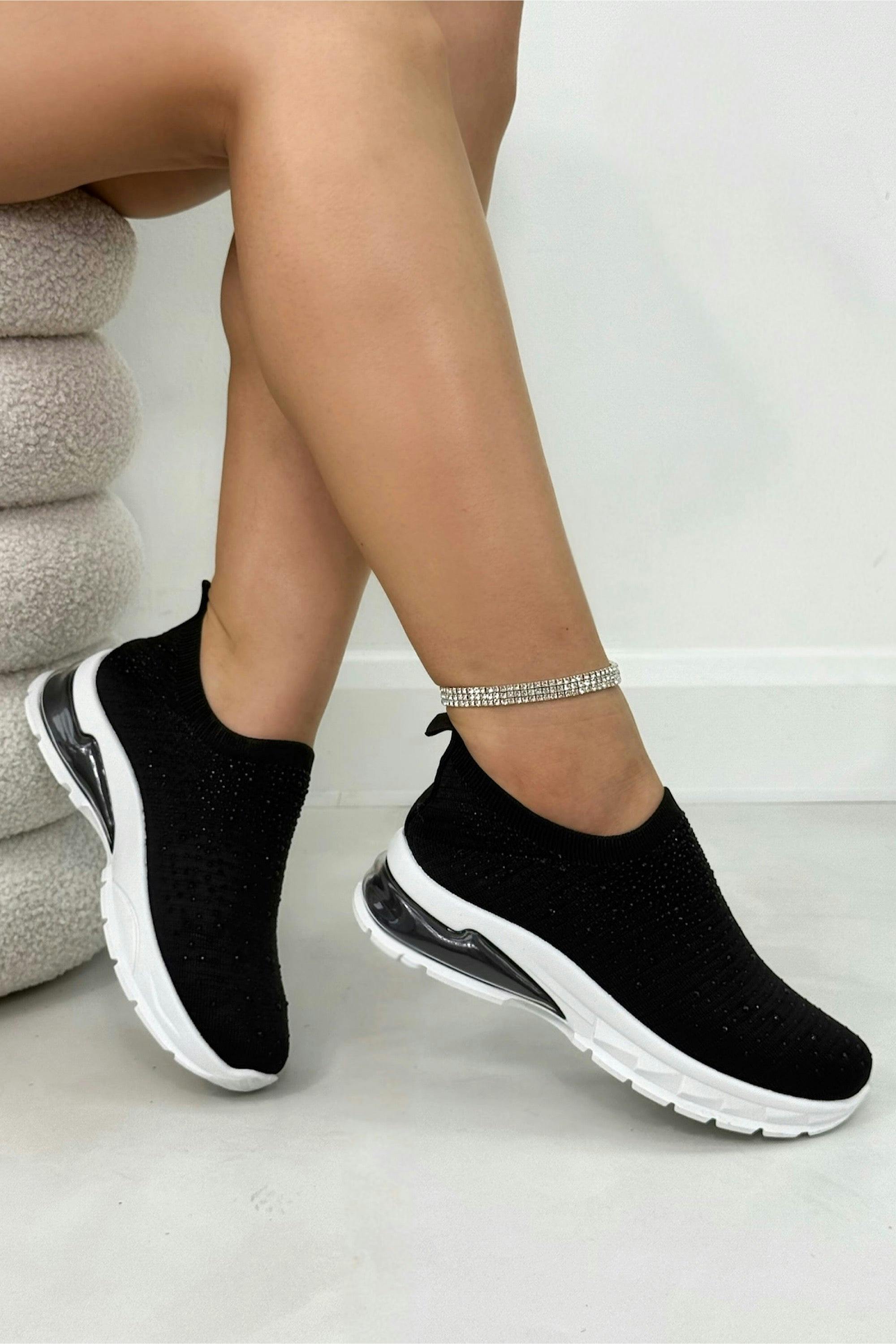 Love Lemonade Black/White Crystal Luminate Stretch Sock Slip On Trainers And - Uk 5