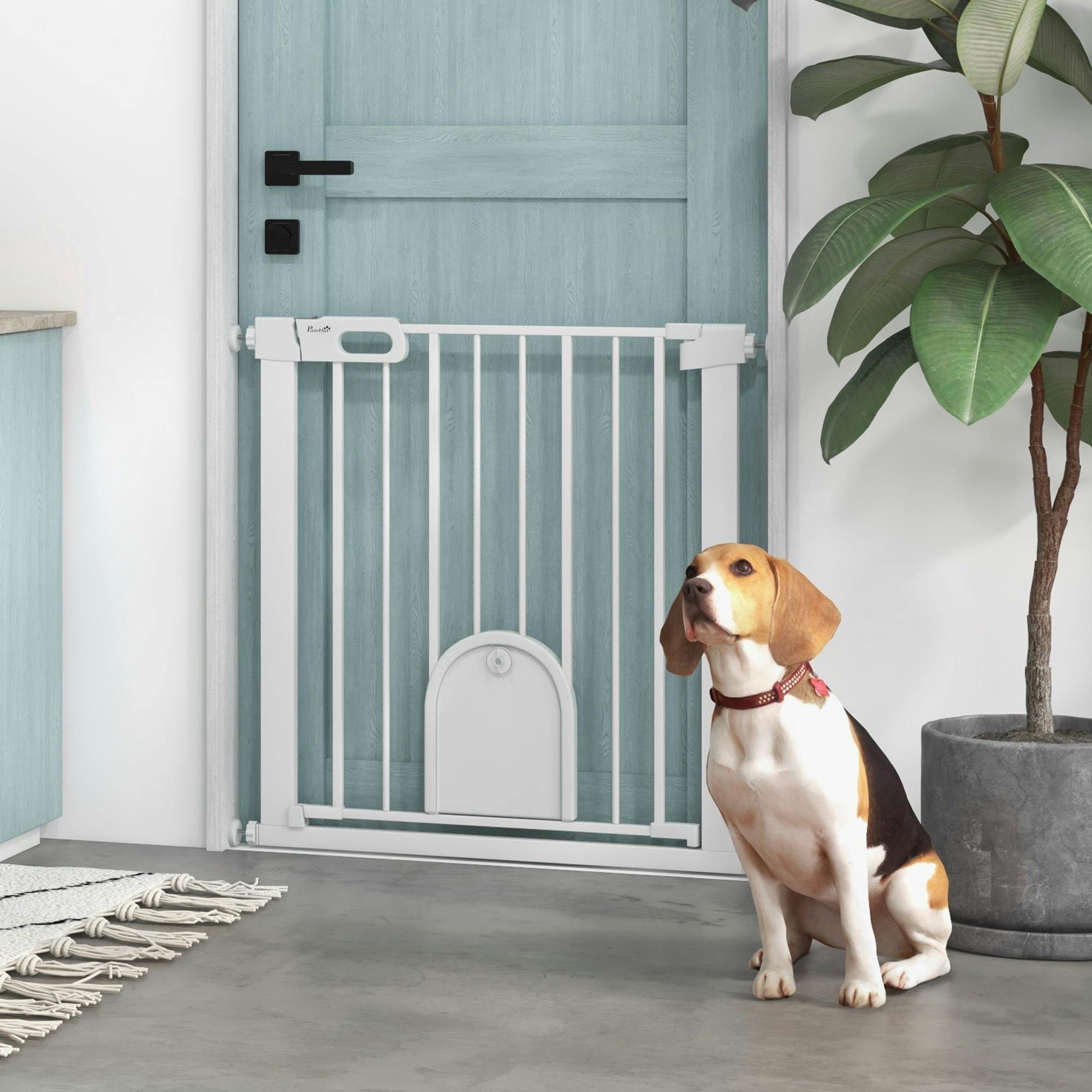 Pawhut White Pet Safety Gate Pressure Fit Stair W/ Small Door Double Locking - 82 X 2 X 76 Cm