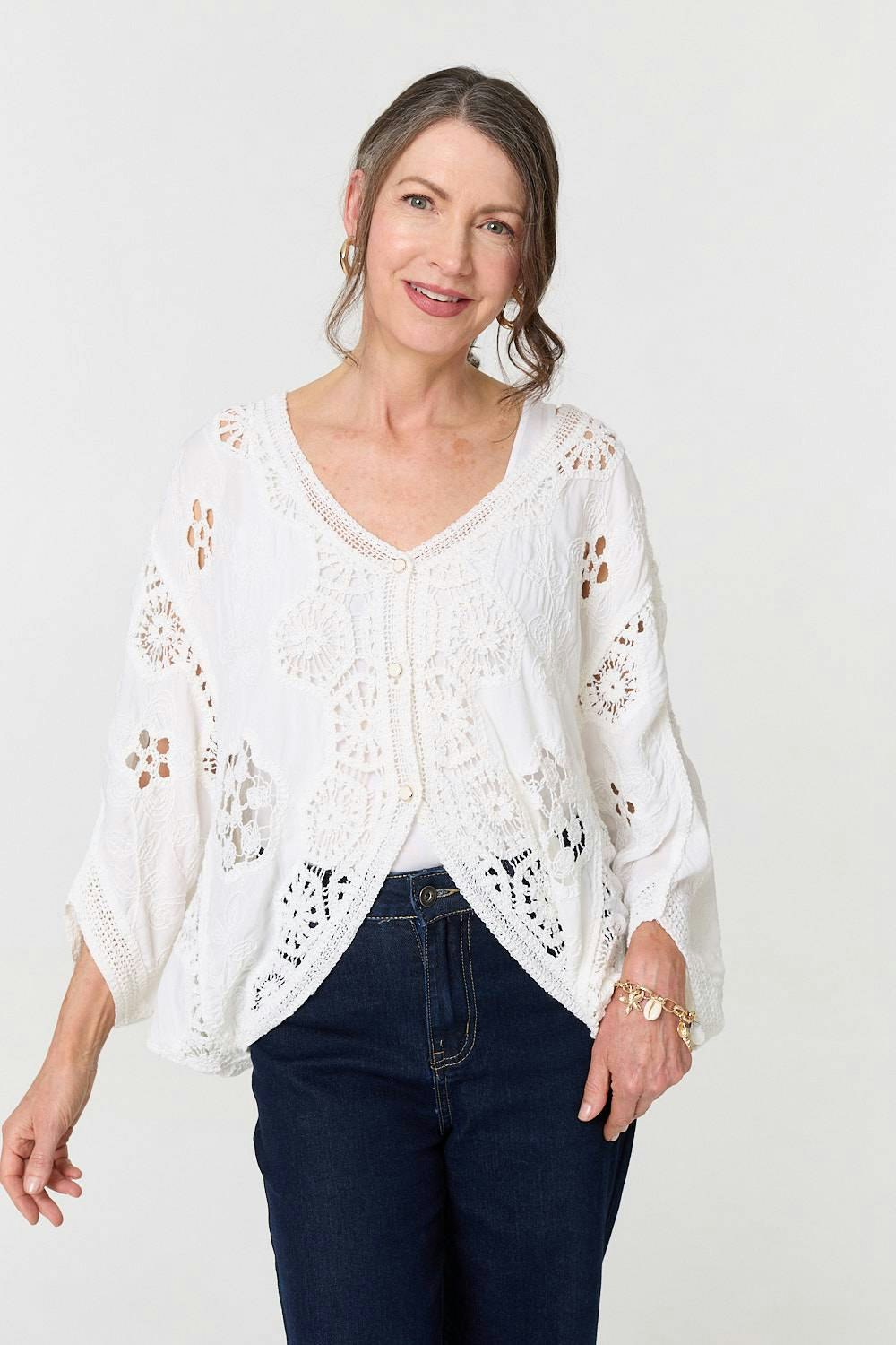 Izabel London Cream Crochet Texture 3/4 Sleeve Cardigan - S/M