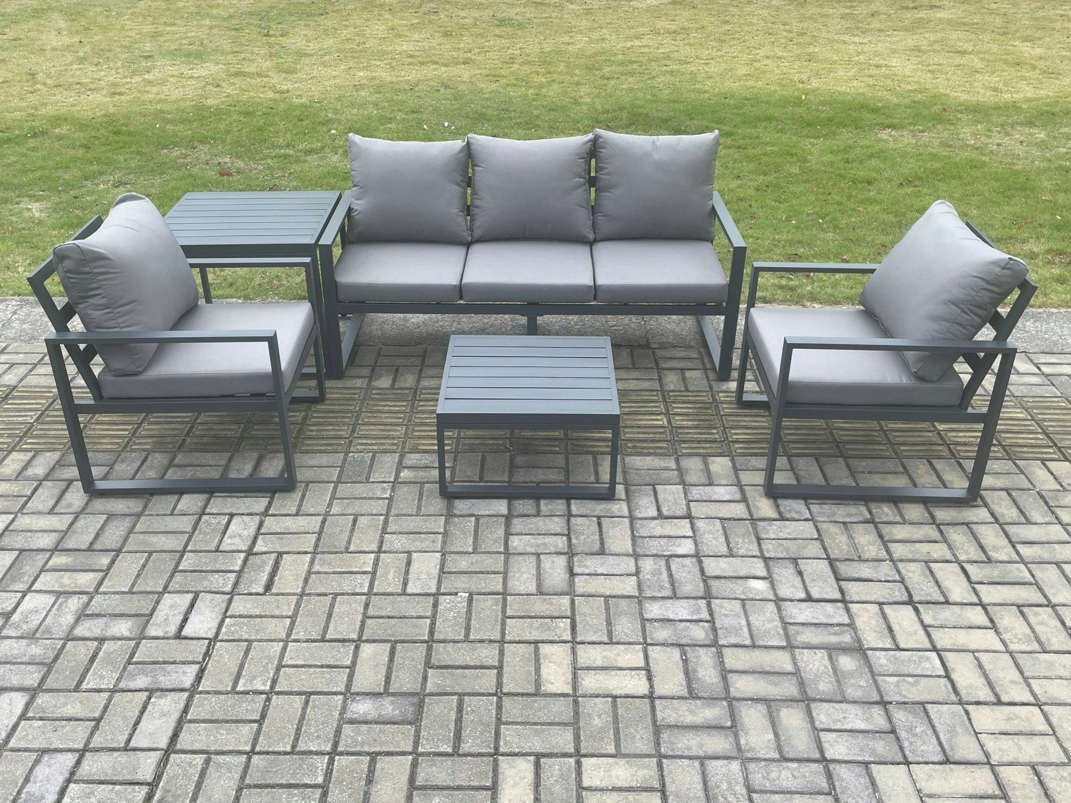 Rackhams Dark/Grey Aluminium Outdoor Garden Furniture Set Lounge Sofa 2 Pc Chairs Square Coffee Table Sets With Side Table