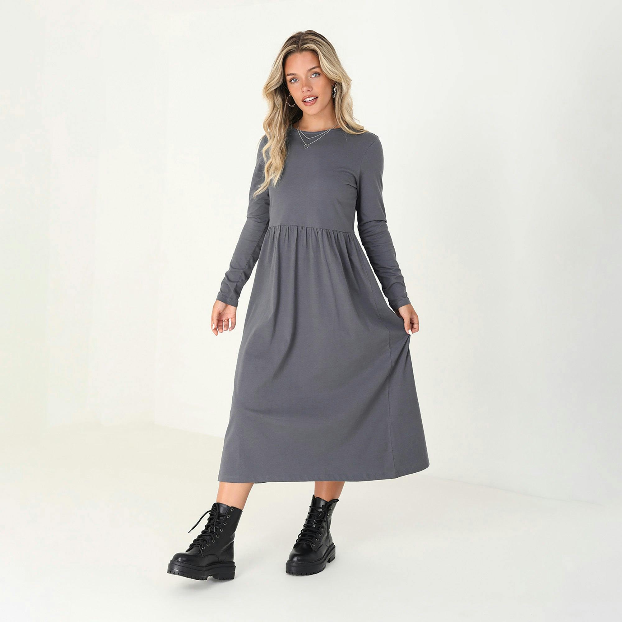 Brave Soul Grey Cotton Long Sleeve Midi Smock Dress - Xs