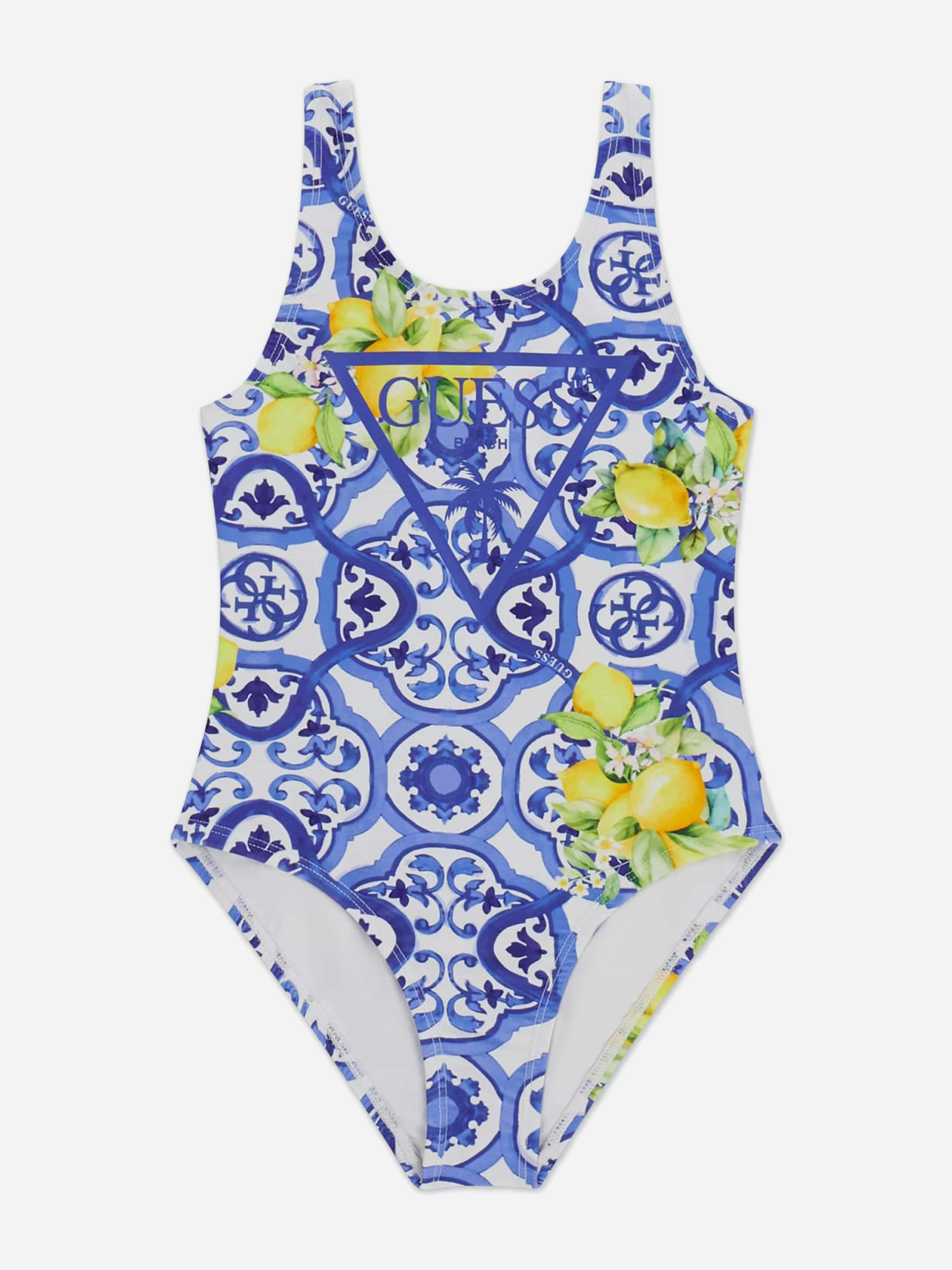 Guess Girls Blue Amalfi Coast Print Swimsuit In - 12 Yrs