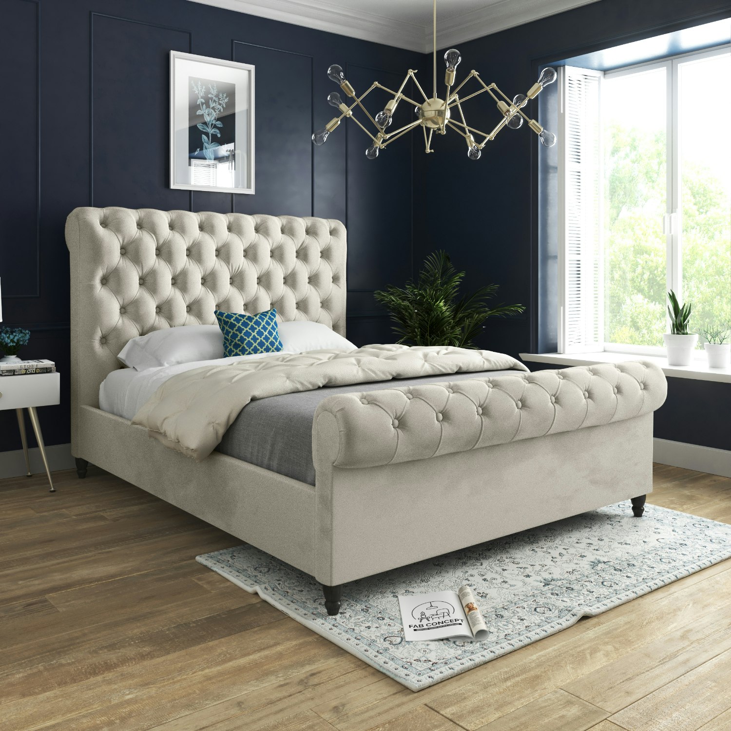 Rackhams Cream/Silver/Grey Sienna Sleigh Upholstered Soft Velvet Bed Frame - Small Single