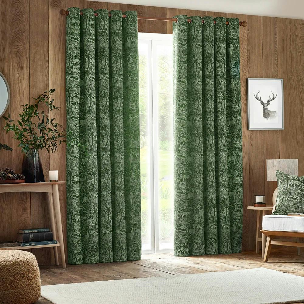 Furn Winter Woods Chenille Animals Eyelet Curtains - Emerald - 168Cm X 137Cm - Emerald - 100% Polyester