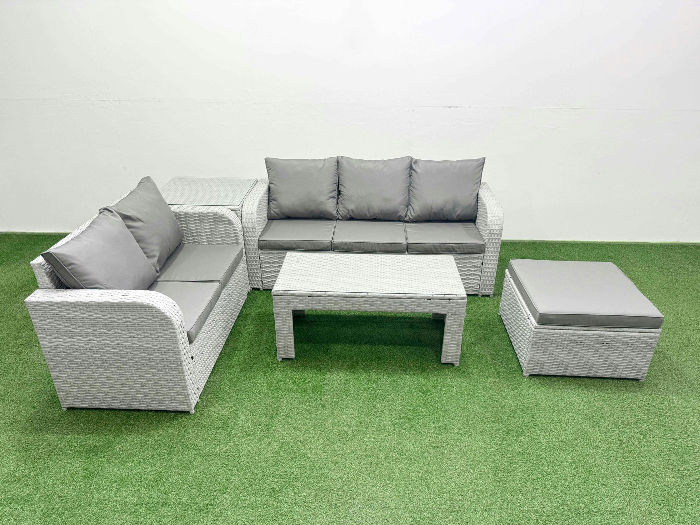 Rackhams Light/Grey/Dark 6-Seater Pe Rattan Outdoor Sofa Set | Oblong Coffee Table, 3-Seater Sofa, Loveseat, Footstool, Side Table Large