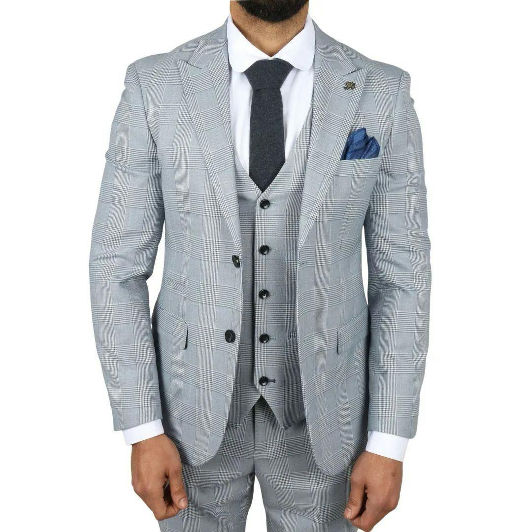 Infinity Leather Men's Blue Checked 3 Piece Suit Tailored Fit Suit Formal Wedding - 52" Jacket 46" Trousers