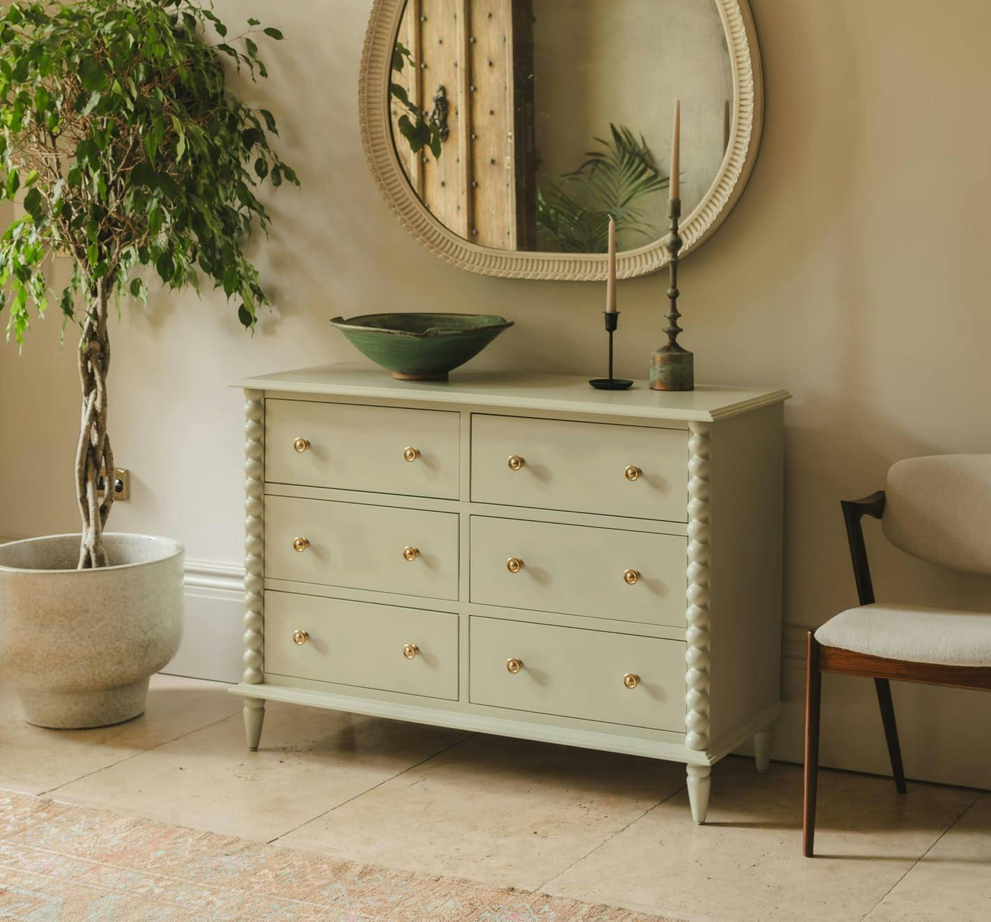 Rackhams Green Cromwell Large 6 Drawer Chest Of Drawers With Bobbin Design - Pale Olive,