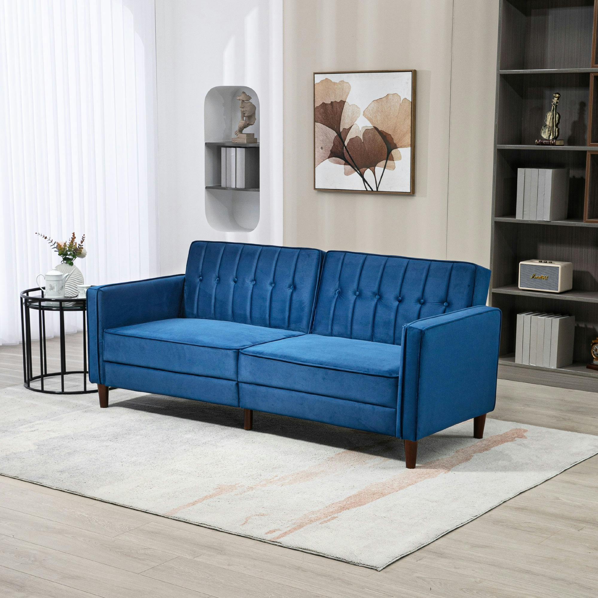 Homcom Unisex Blue Convertible Sofa Futon Velvet-Touch Tufted Couch Sofa Bed Split Back In - Image 3