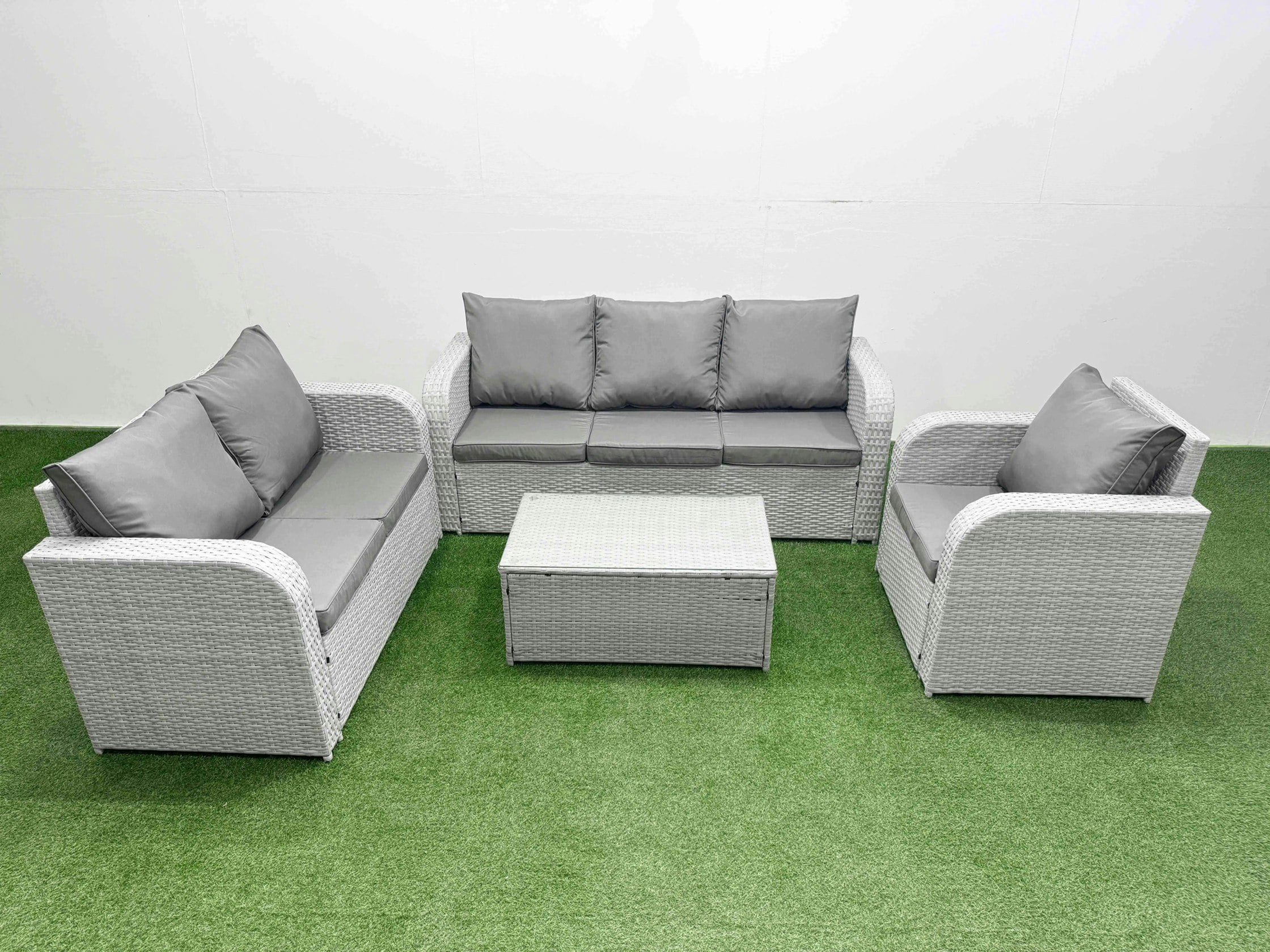 Rackhams Light/Grey 6-Seater Pe Rattan Outdoor Sofa Set | Rectangular Coffee Table, Reclining Chair, Loveseat, 3-Seater Sofa