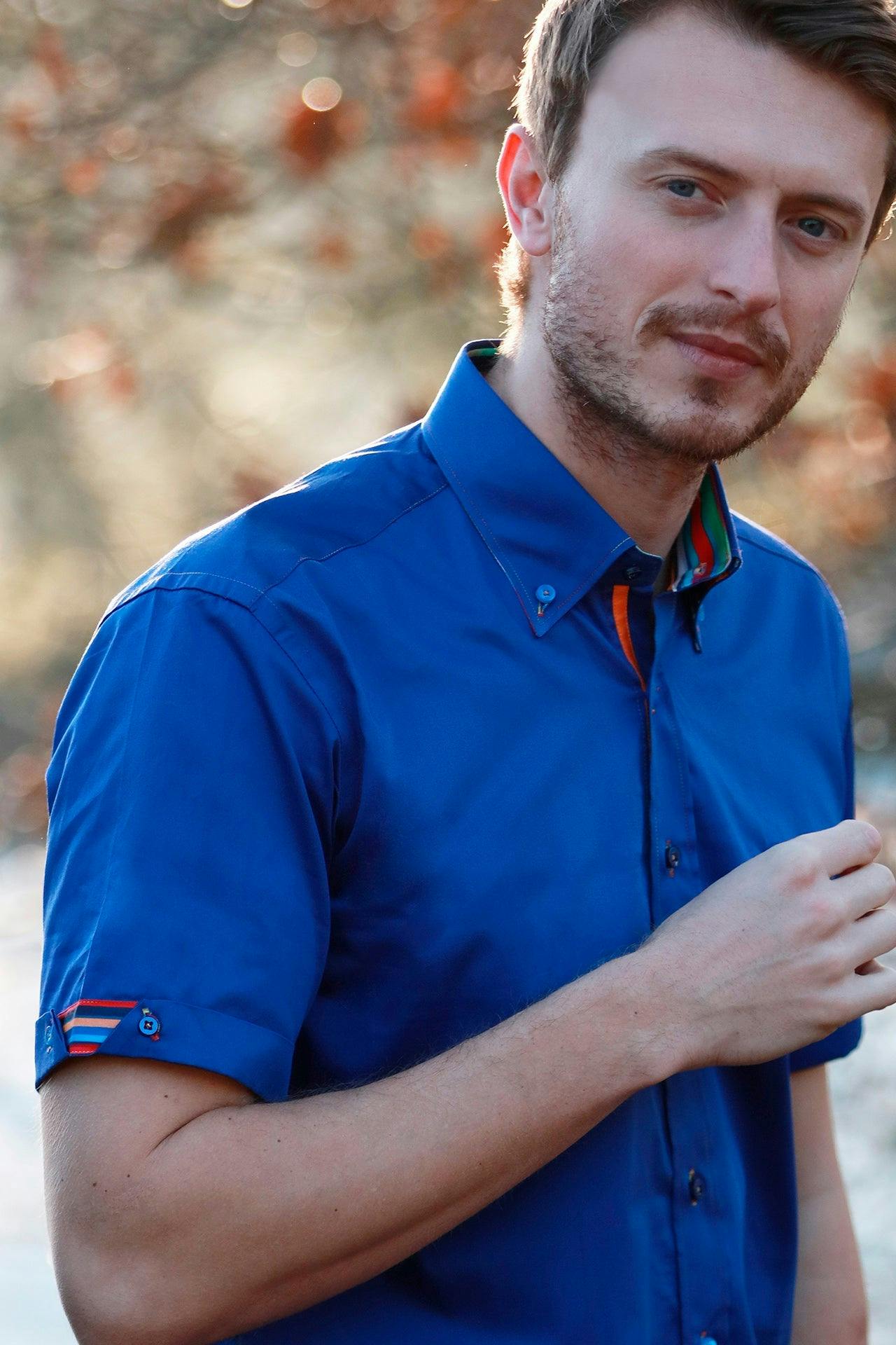 Claudio Lugli Blue Classic Satin Cotton Short Sleeve Shirt Pegasus Edition - Xl