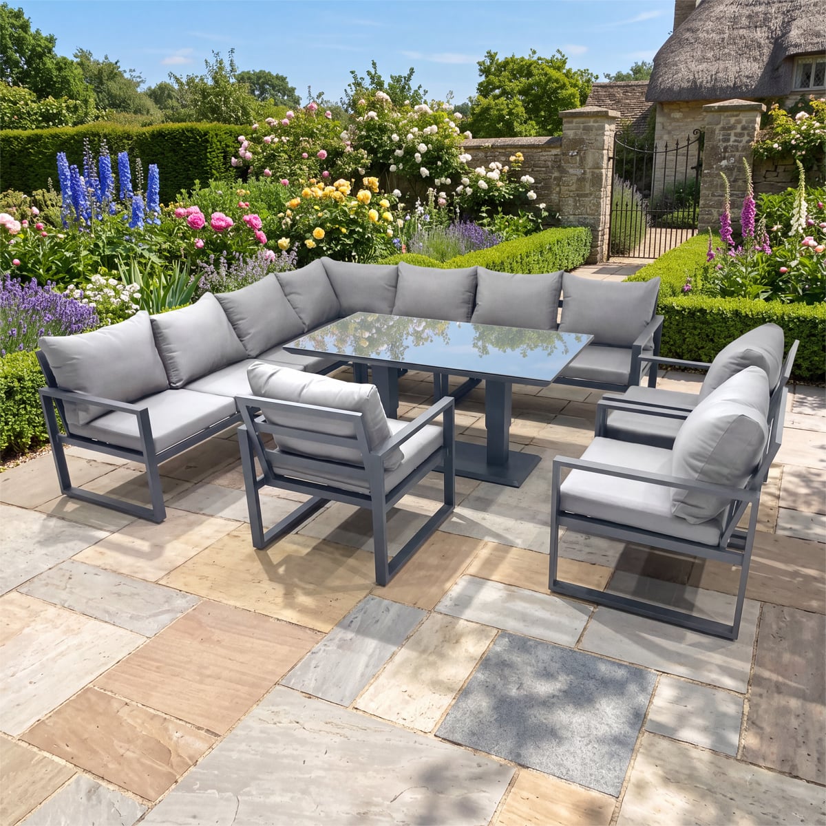 Rackhams Dark/Grey 9 Seater Outdoor Aluminum Garden Furniture Set With Corner Sofa, 3 Chairs & Adjustable Rising Dining Table