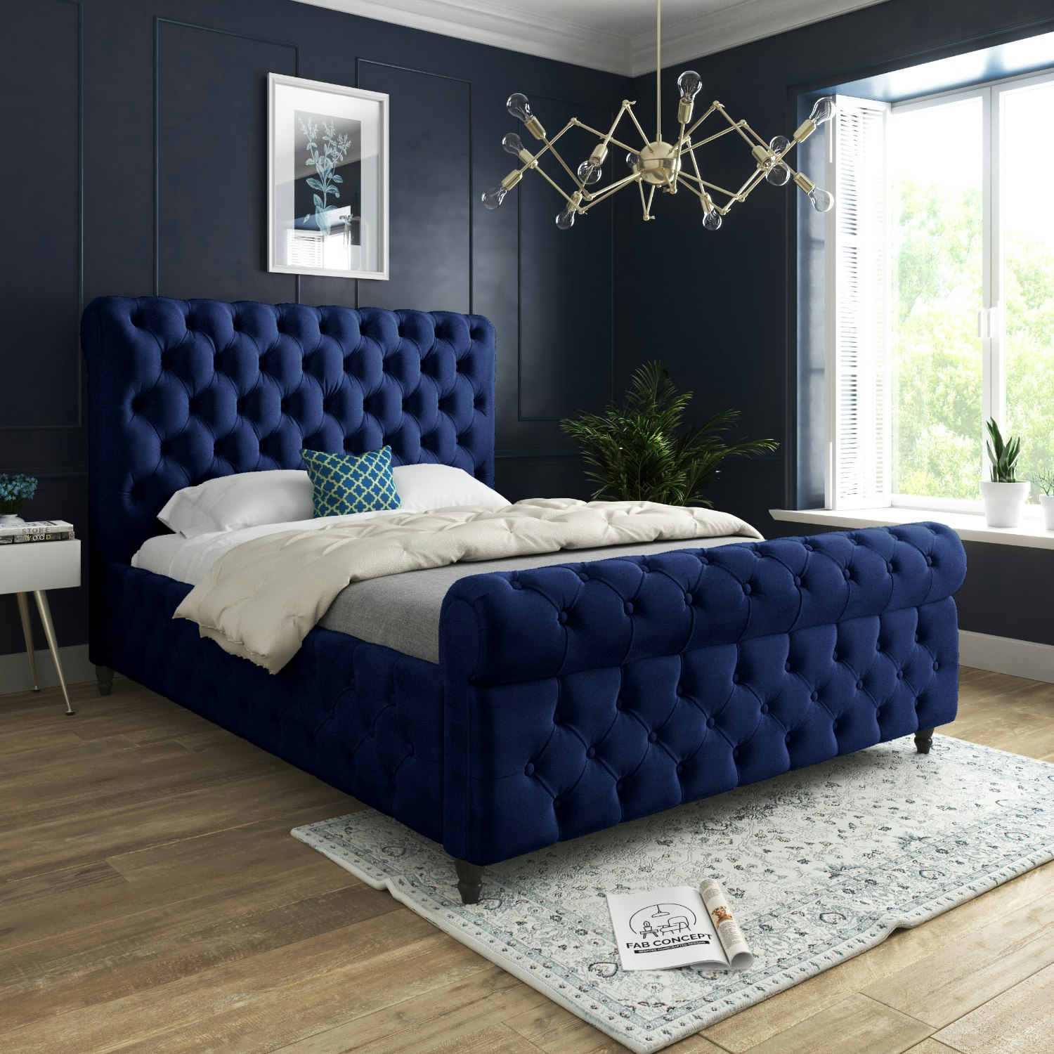 Casa Magna Blue/Dark Savana Sleigh Upholstered Soft Velvet Bed Frame - Small Double