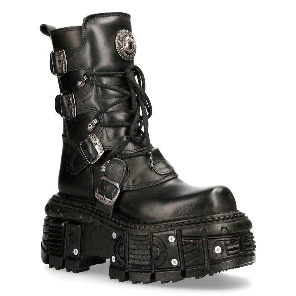 New Rock Unisex Black Leather Combat Platform Boots - Tank373-S1 - Uk 5 | Eu 38 | Us 8