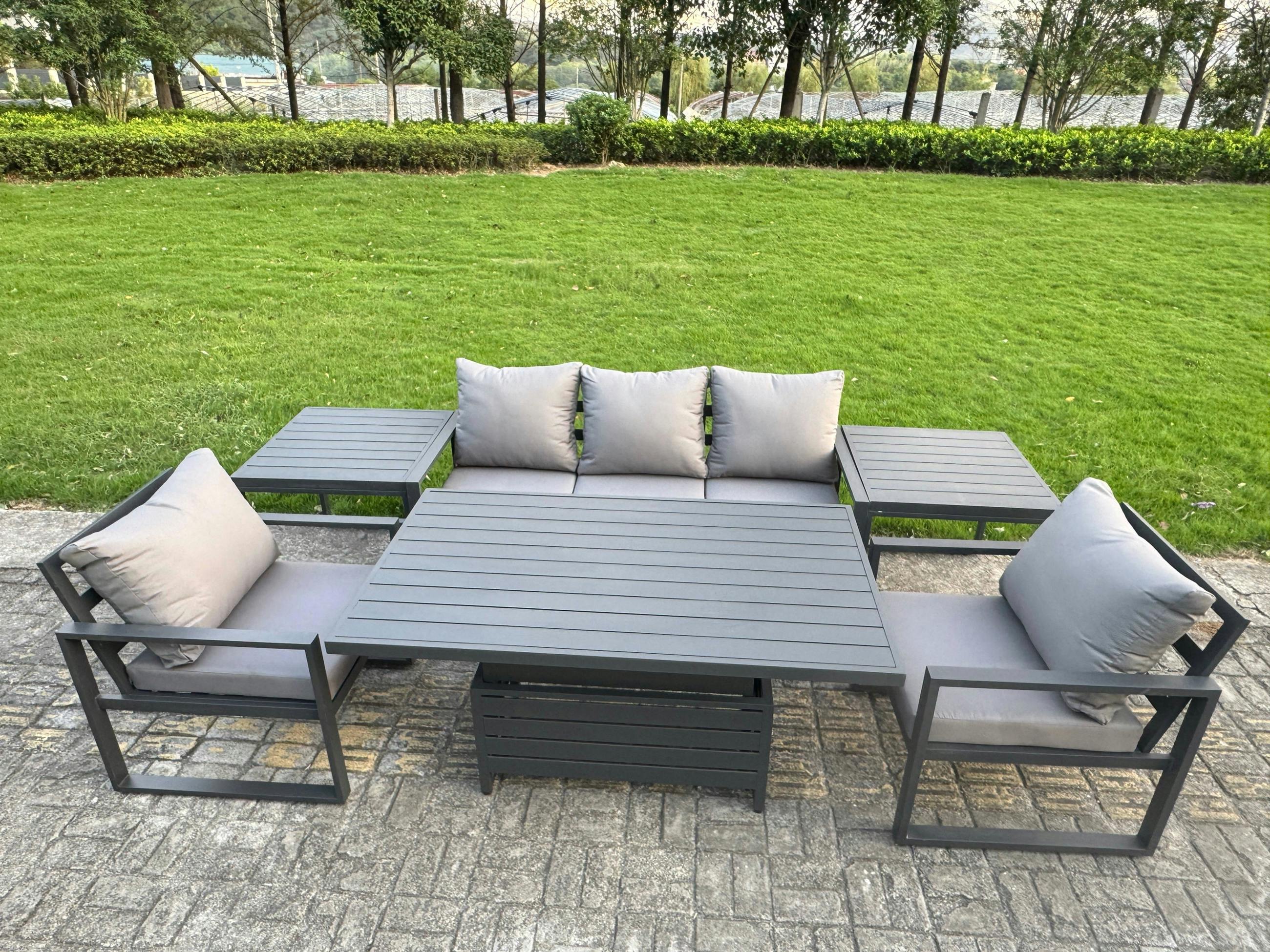 Fimous Dark/Grey 5 Seater Aluminium Garden Furniture Set With Adjustable Rising Dining Table, Sofa, 2 Chairs & 2 Side Tables