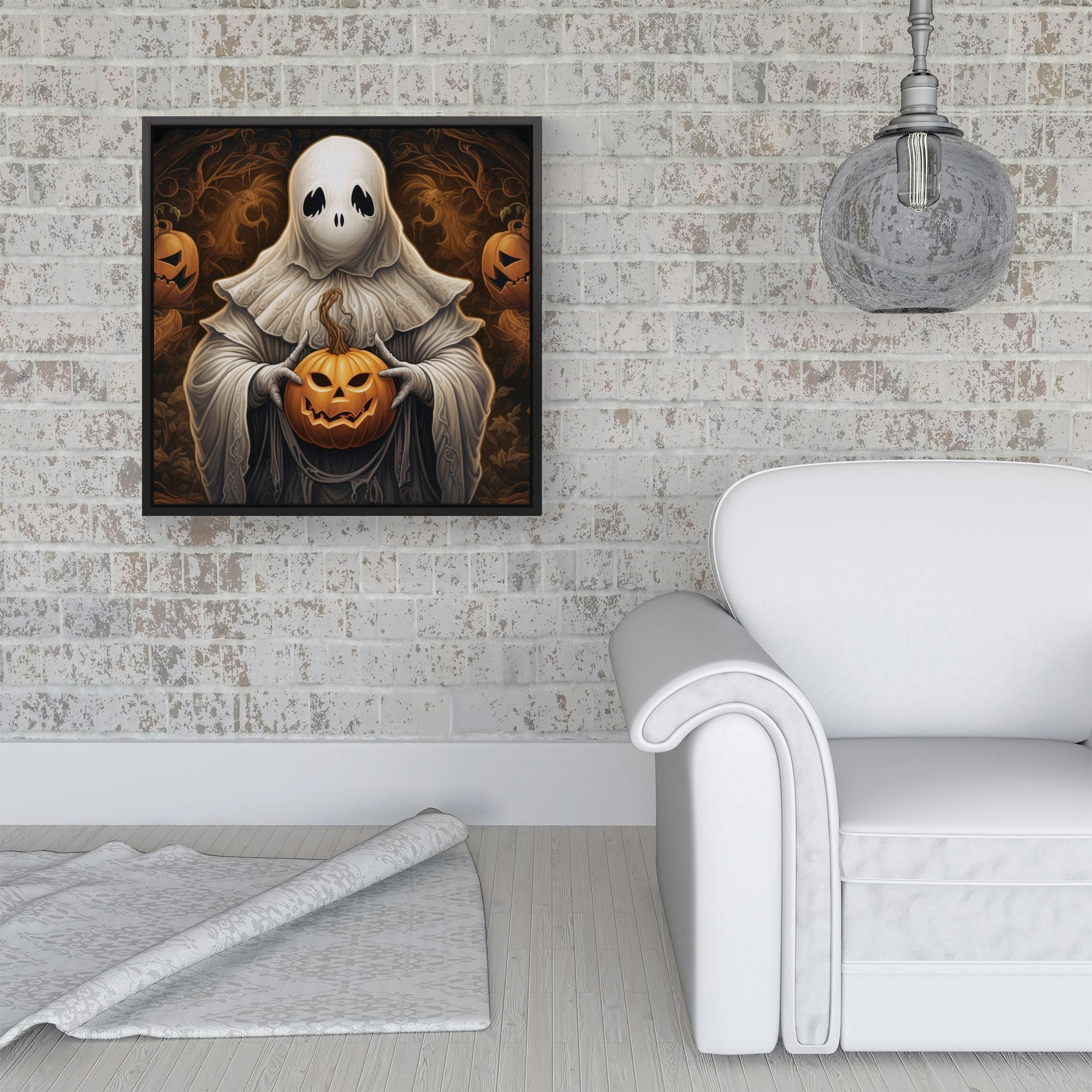 Rackhams White/Black Spooky Ghost Holding Pumpkin Framed Canvas - 16" X 16"