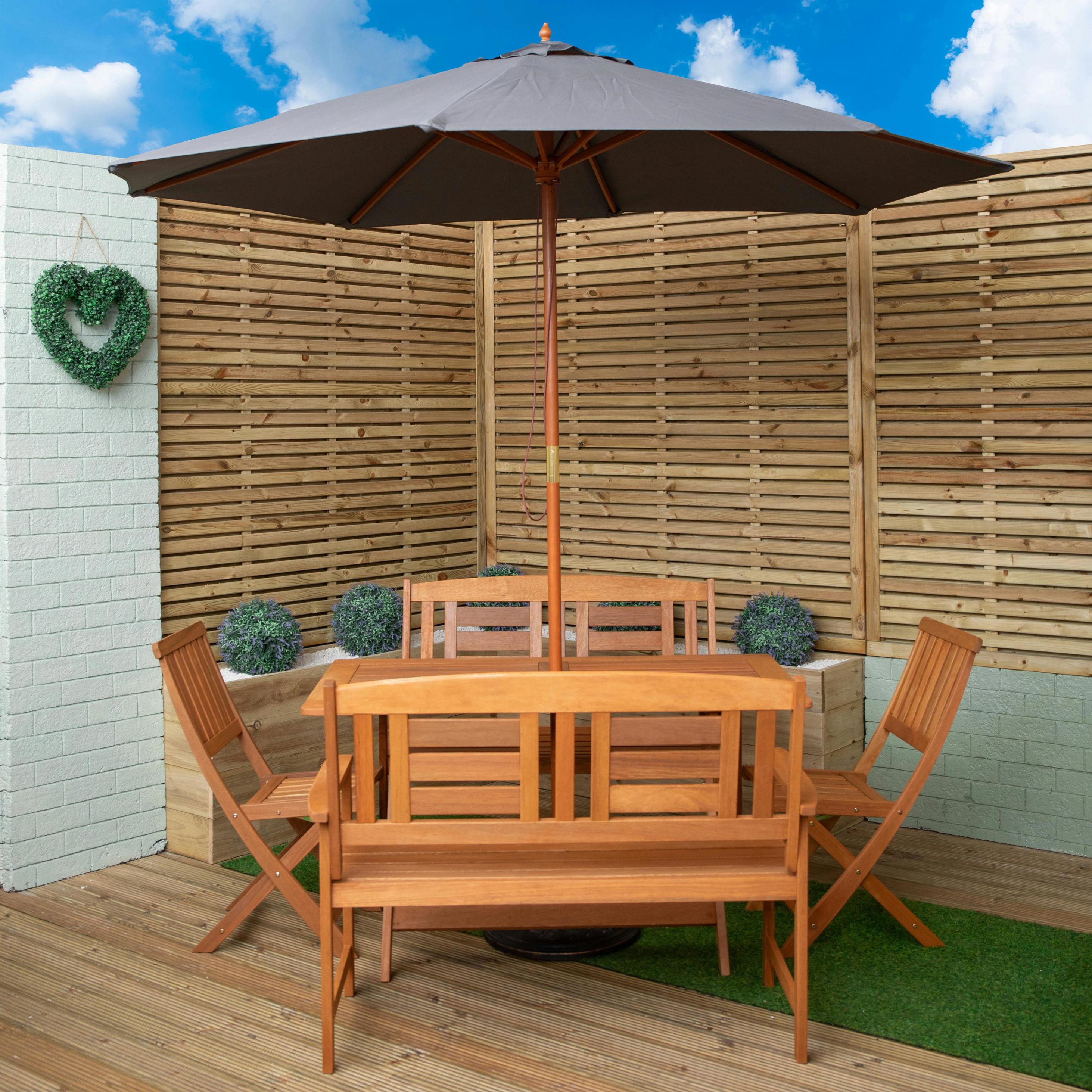 Samuel Alexander Grey Outdoor 6 Person Folding Rectangular Wooden Garden Dining Table Chairs And 2 Benches Parasol And Base Set - Outdoor Furniture Sets