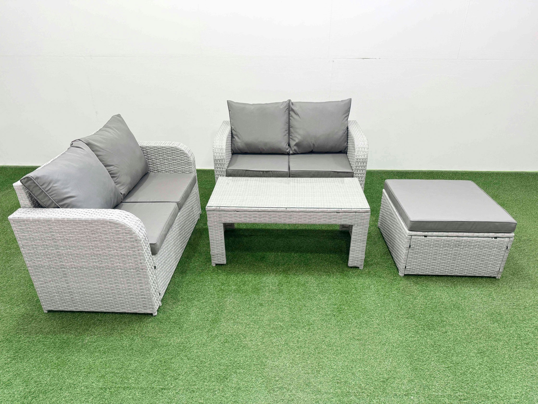 Rackhams Light/Grey 5 Seater Outdoor Love Sofa Set Rattan Garden Furniture Set With Oblong Coffee Table Big Footstool