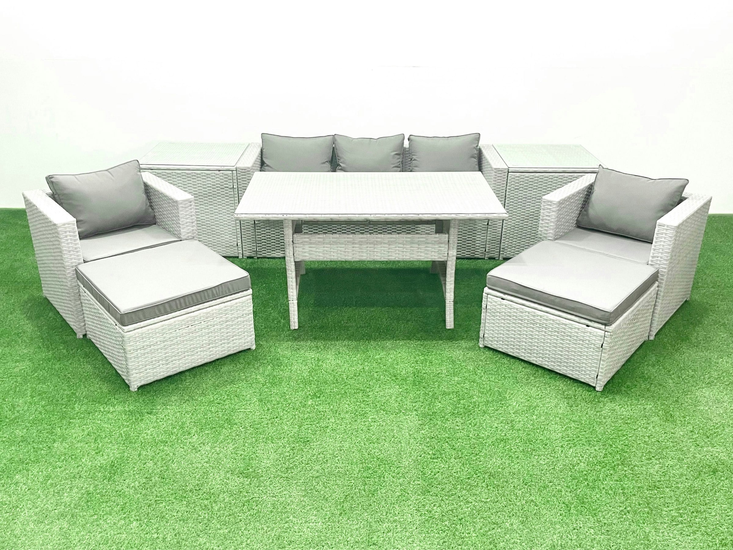 Fimous Light/Grey Garden Dining Set Outdoor Rattan Furniture Set With Sofa Dining Table 2 Chairs 2 Big Footstools 2 Side Tables Mixed