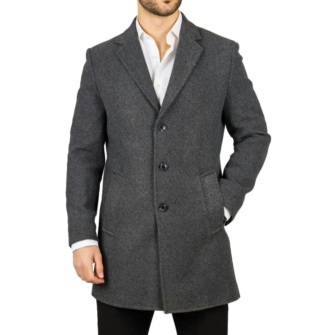 Truclothing Men's Grey Notched Lapel Collar Wool Blend Overcoat - 3XL