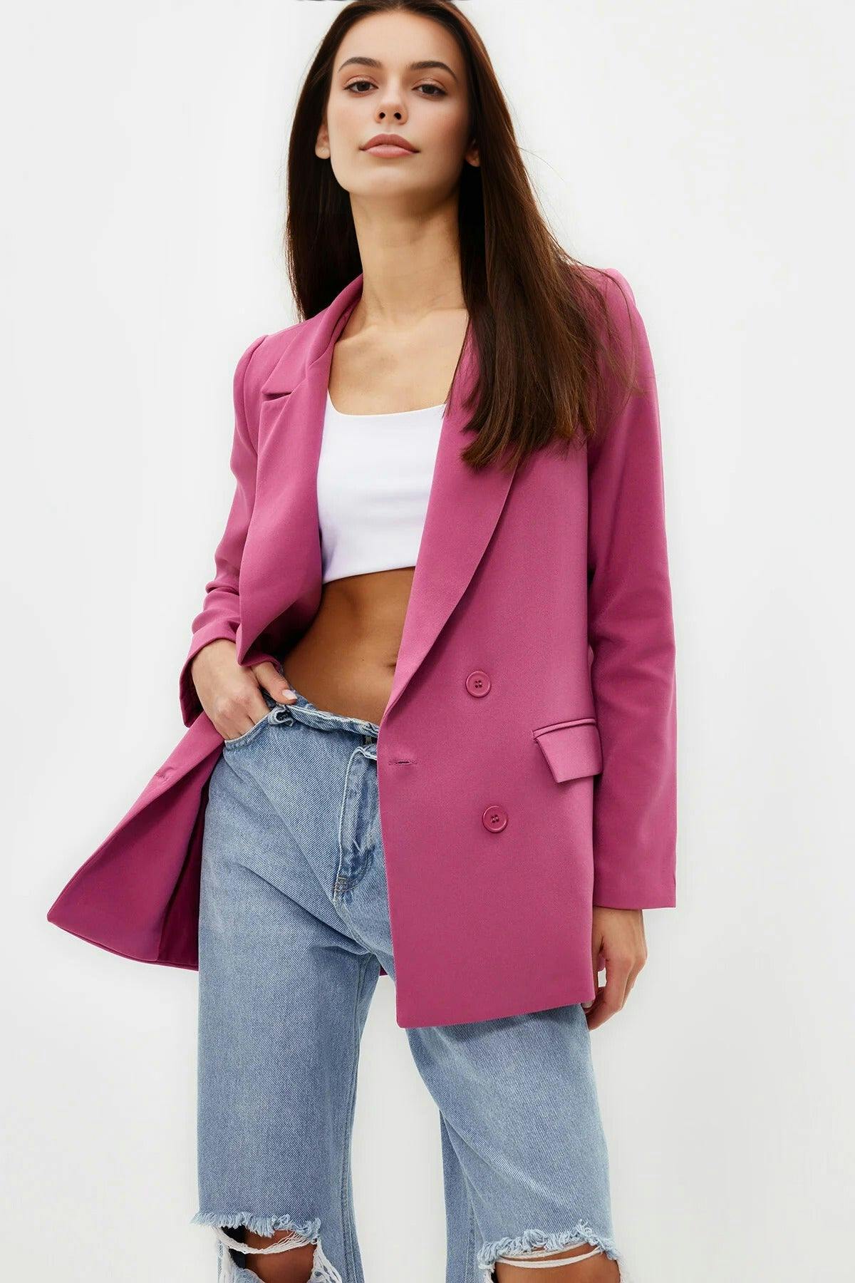 Wovcor Pink Lined Woven Blazer Jacket With Button Detail - 14