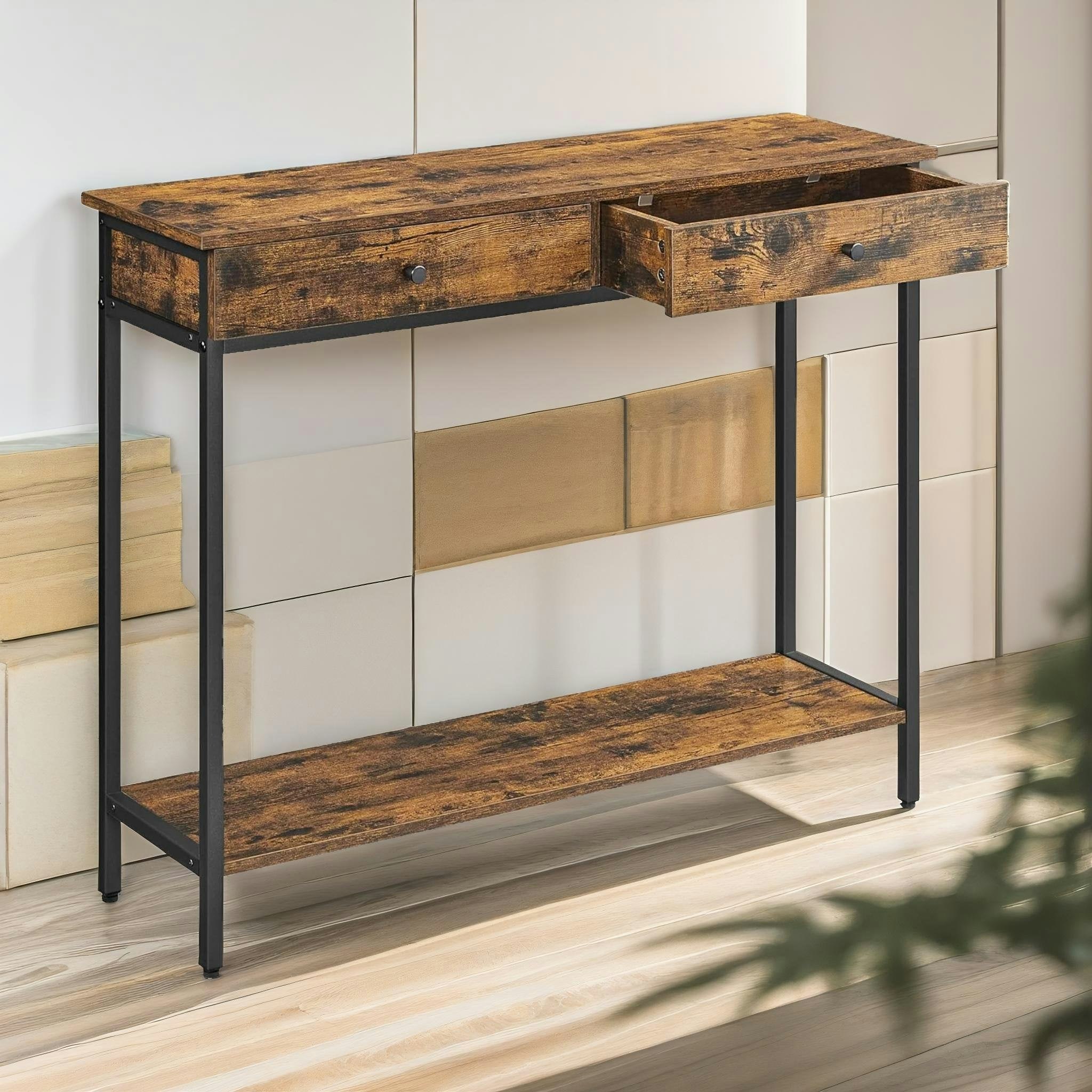 Rackhams Brown 2 Tier Hallway Slim Console Table With 2 Drawers Rustic