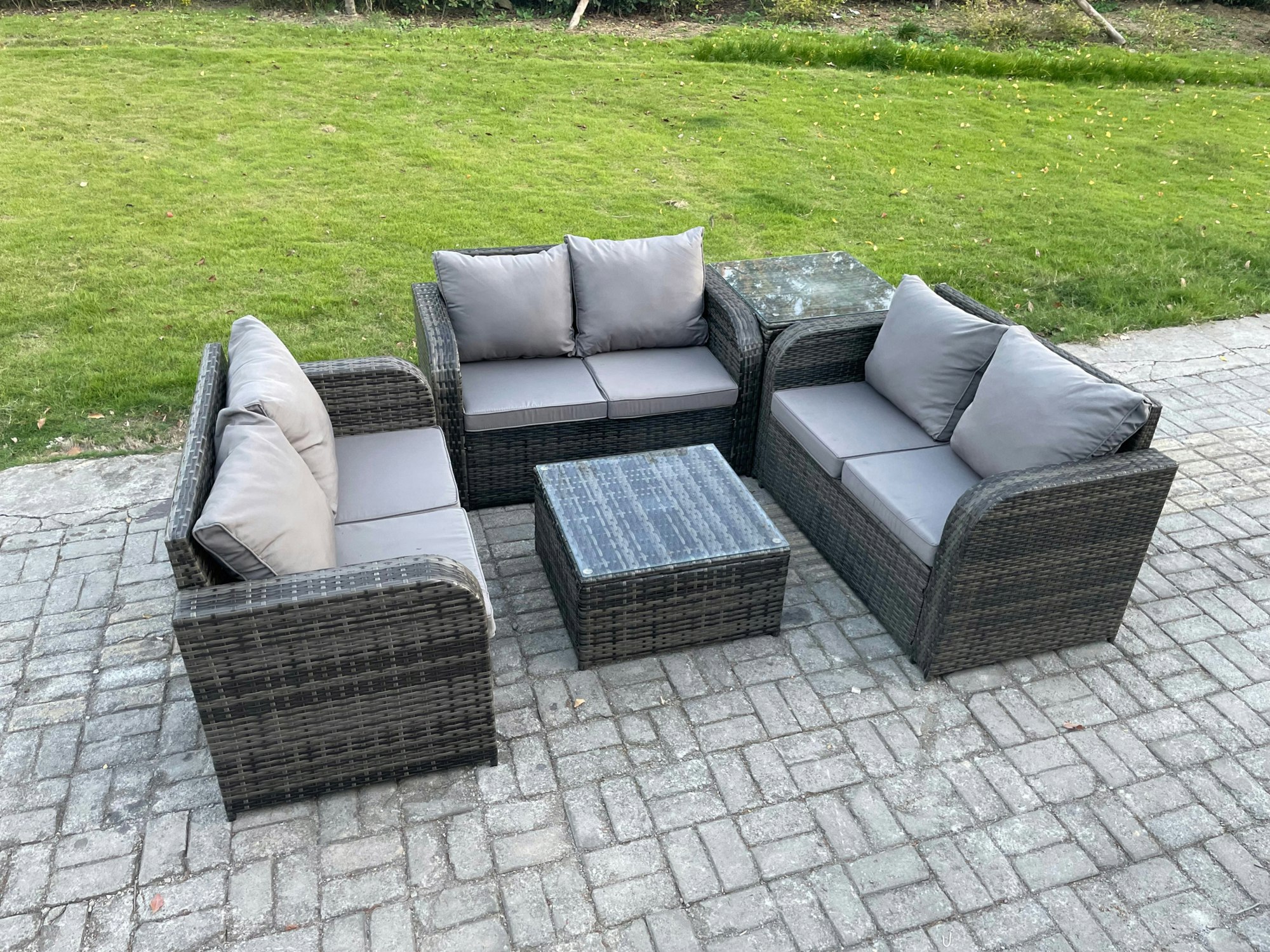 Rackhams Dark/Grey Outdoor Garden Furniture Sets 6 Seater Wicker Rattan Furniture Sofa Sets With Square Coffee Table Love Seat Sofa - Side Table