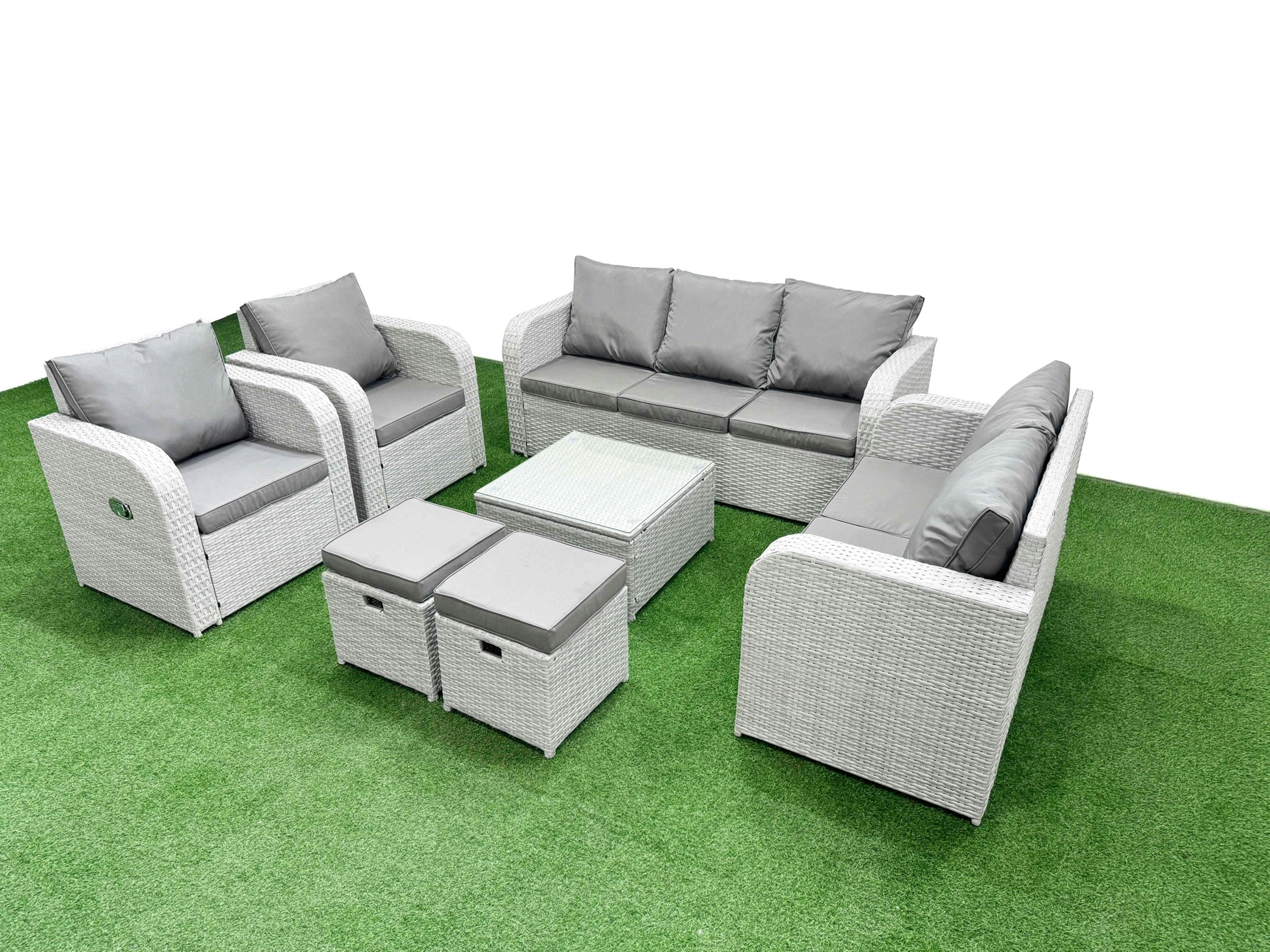 Fimous Light/Grey Pe Rattan Garden Furniture Set Adjustable Chair Sofa Double Love Seat 2 Seater Sofa Lounge Set Square Coffee Table 2 Stools