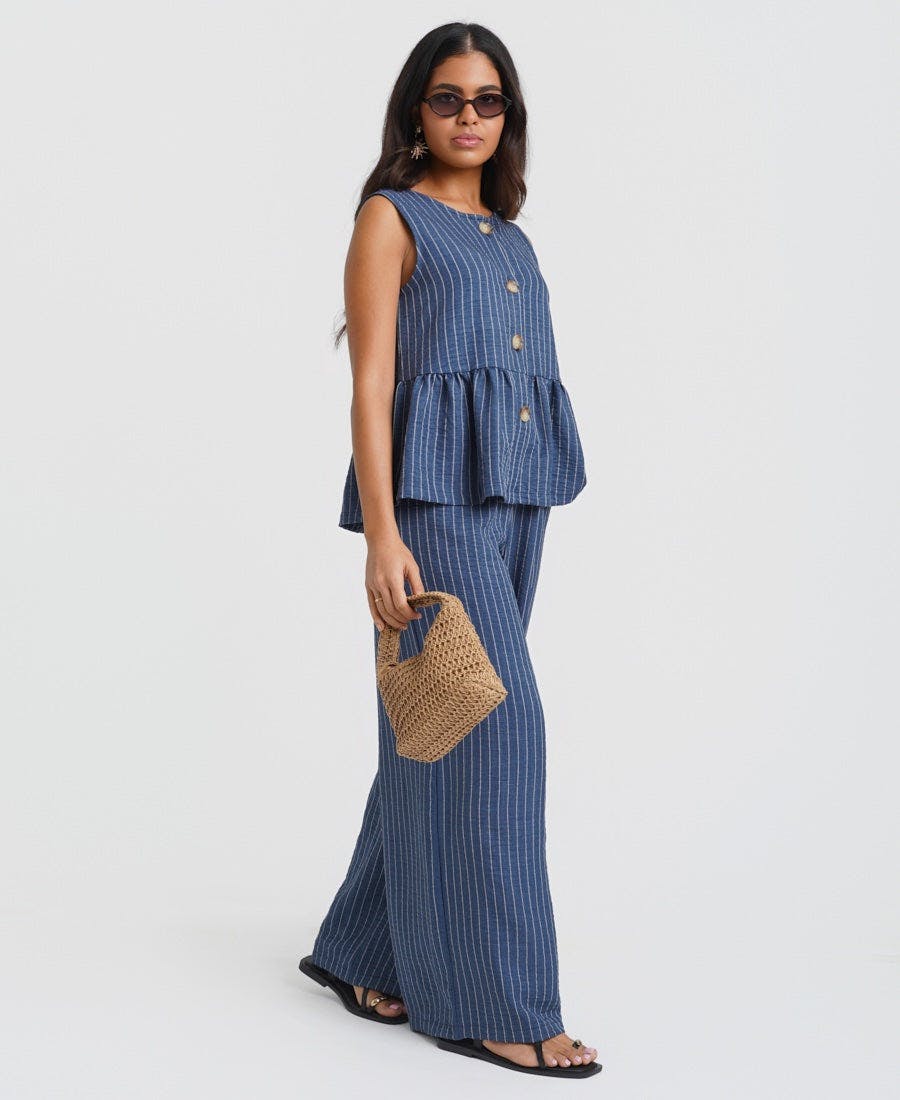 Needs No Label Blue Stripe Wide Leg Trousers - M