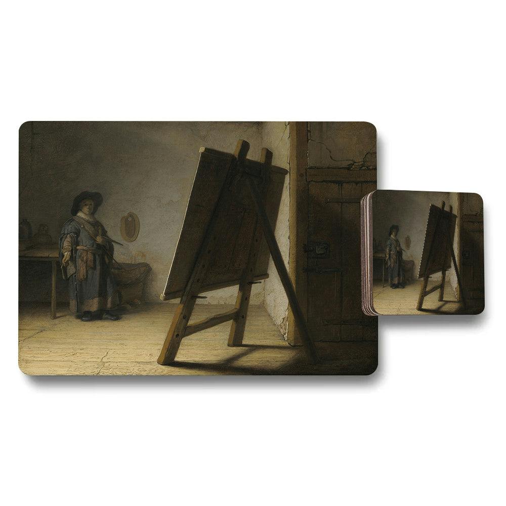 Rackhams Brown Vintage Artist In Studio Painting Placemat And Coaster Set