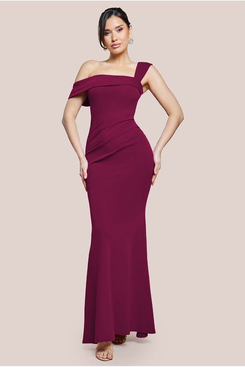 Goddiva Black Off The Shoulder Pleated Waist Maxi Dress - Berry By - Berry - 16
